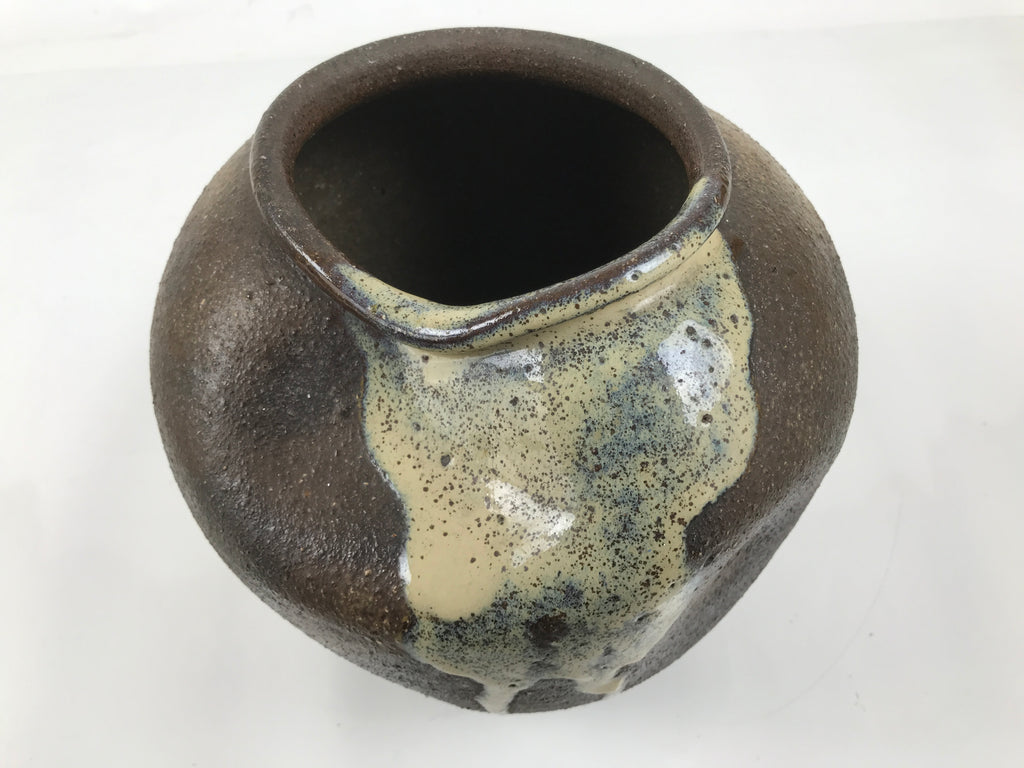 Japanese Ceramic Flower Vase Vtg Ikebana Kabin Brown Ash Glaze Indentation FK173