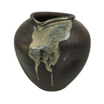 Japanese Ceramic Flower Vase Vtg Ikebana Kabin Brown Ash Glaze Indentation FK173