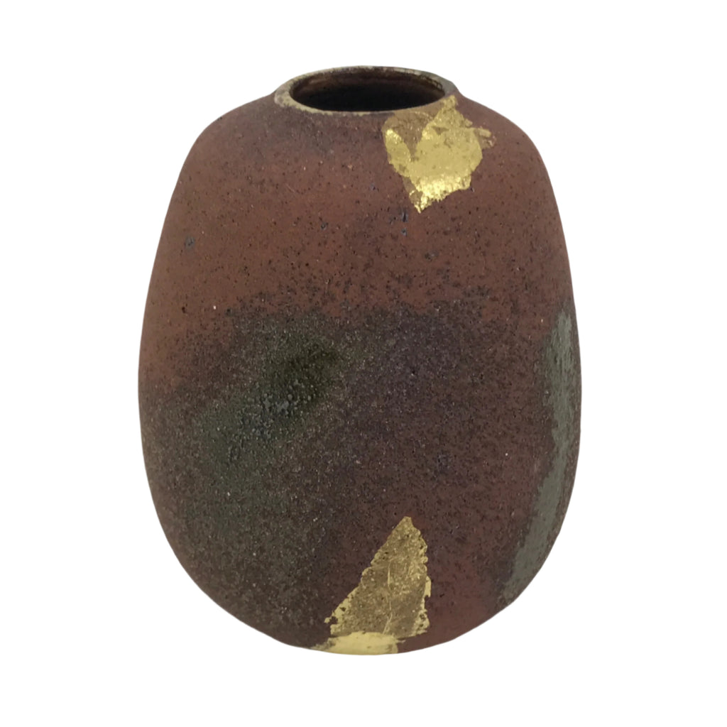 Japanese Ceramic Flower Vase Vtg Ikebana Kabin Brown Gray Gold Round PX789
