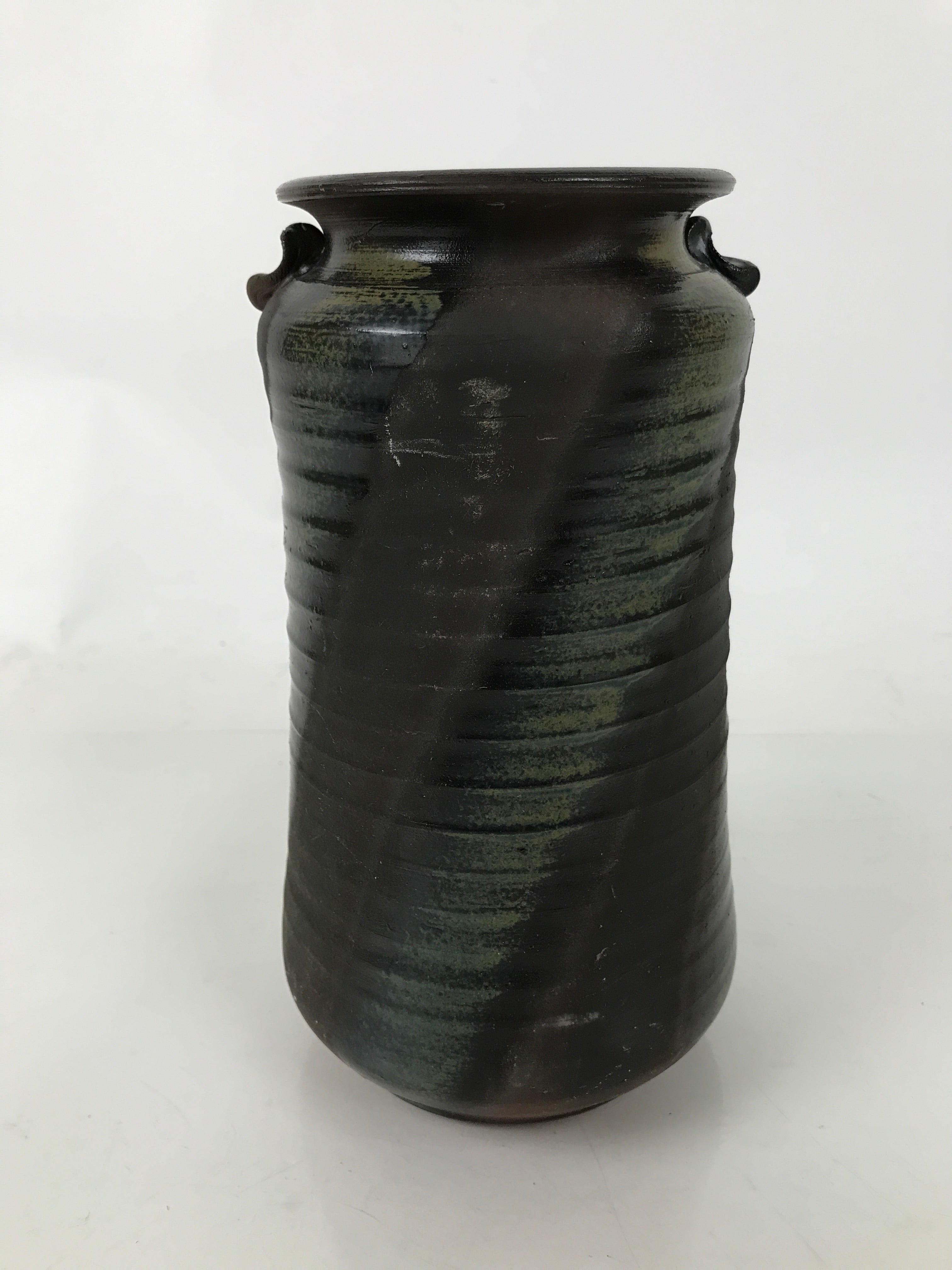 Japanese Ceramic Flower Vase Vtg Ikebana Kabin Cylindrical Brown Black FK192