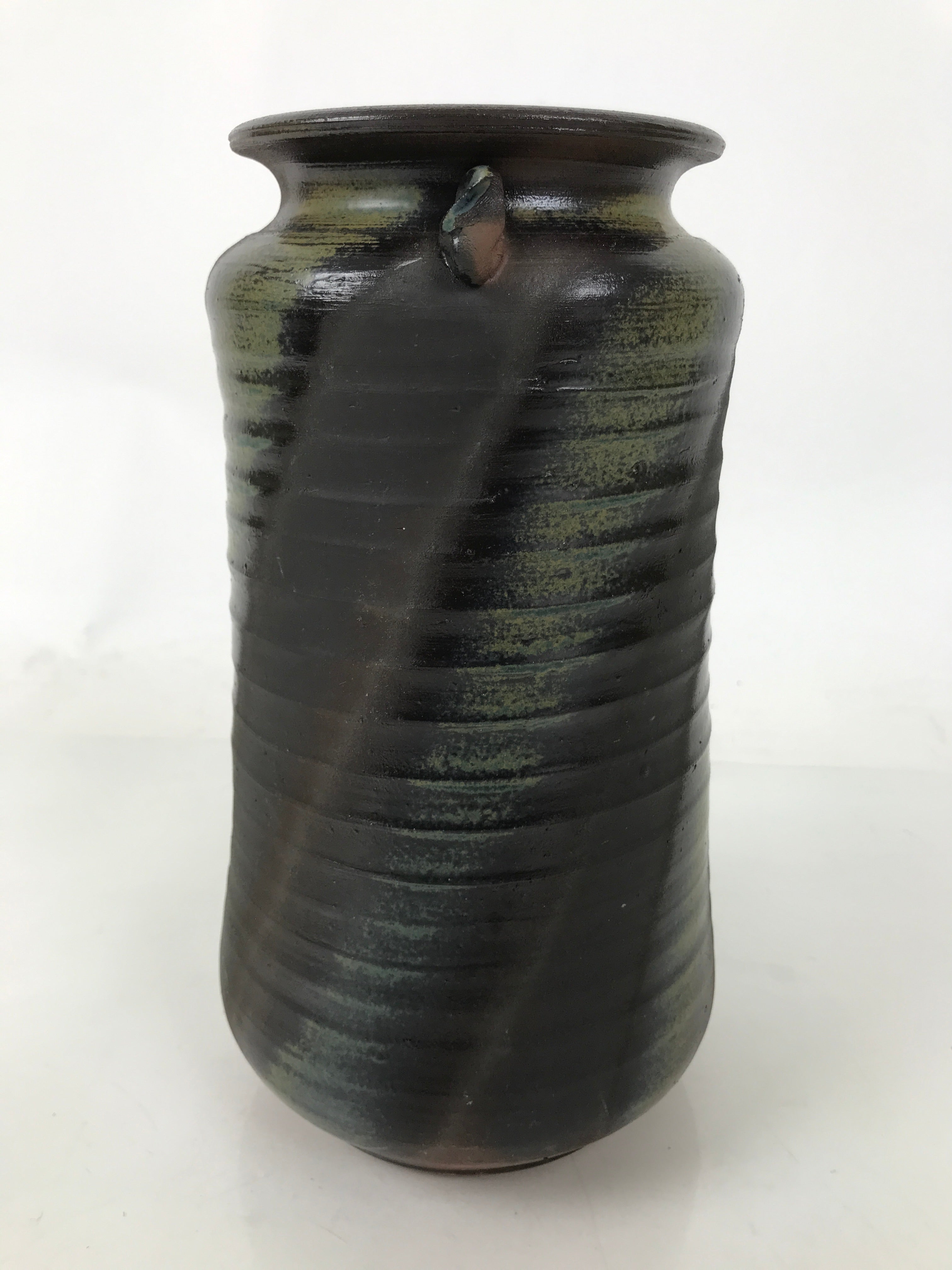 Japanese Ceramic Flower Vase Vtg Ikebana Kabin Cylindrical Brown Black FK192