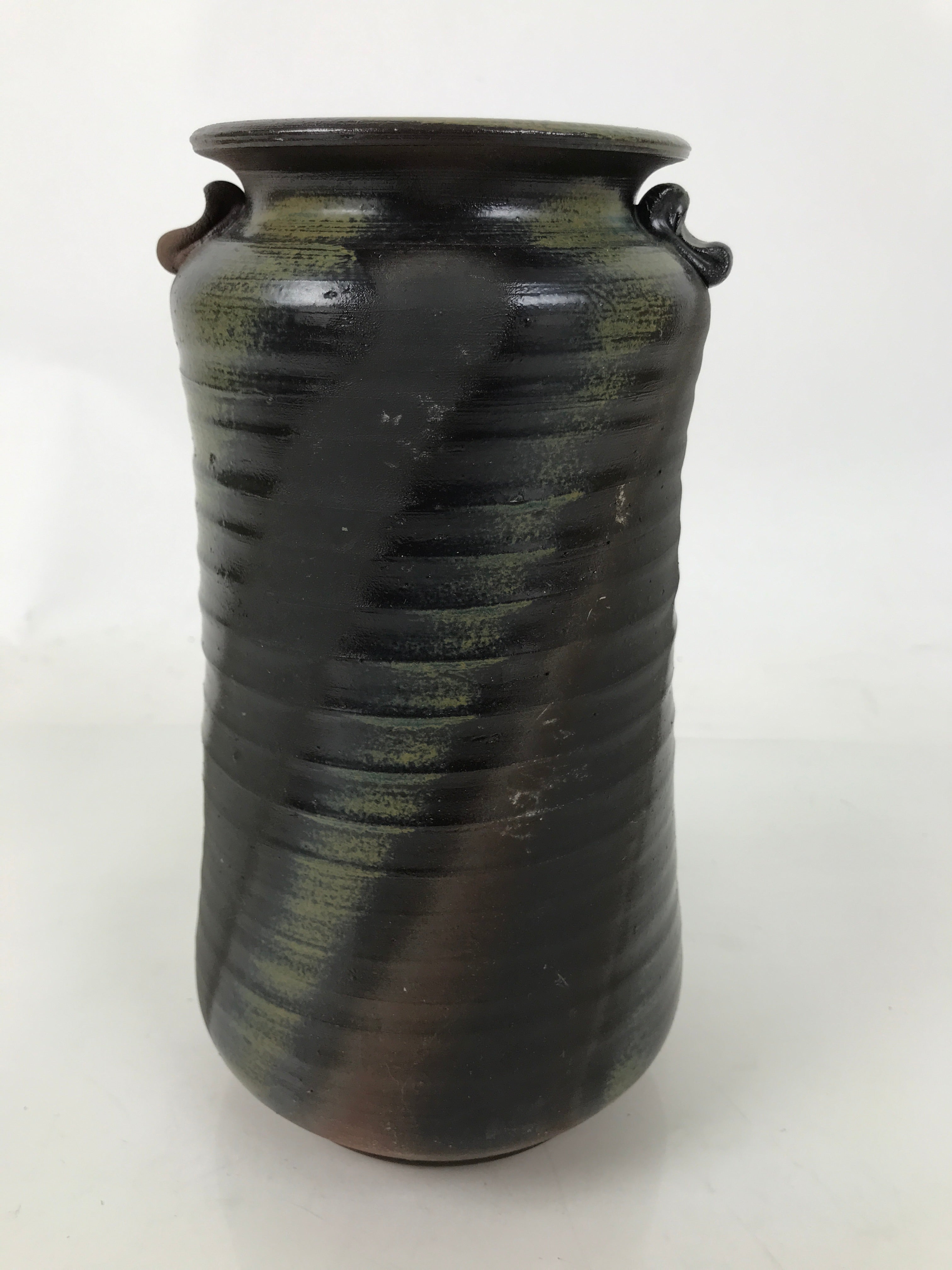 Japanese Ceramic Flower Vase Vtg Ikebana Kabin Cylindrical Brown Black FK192
