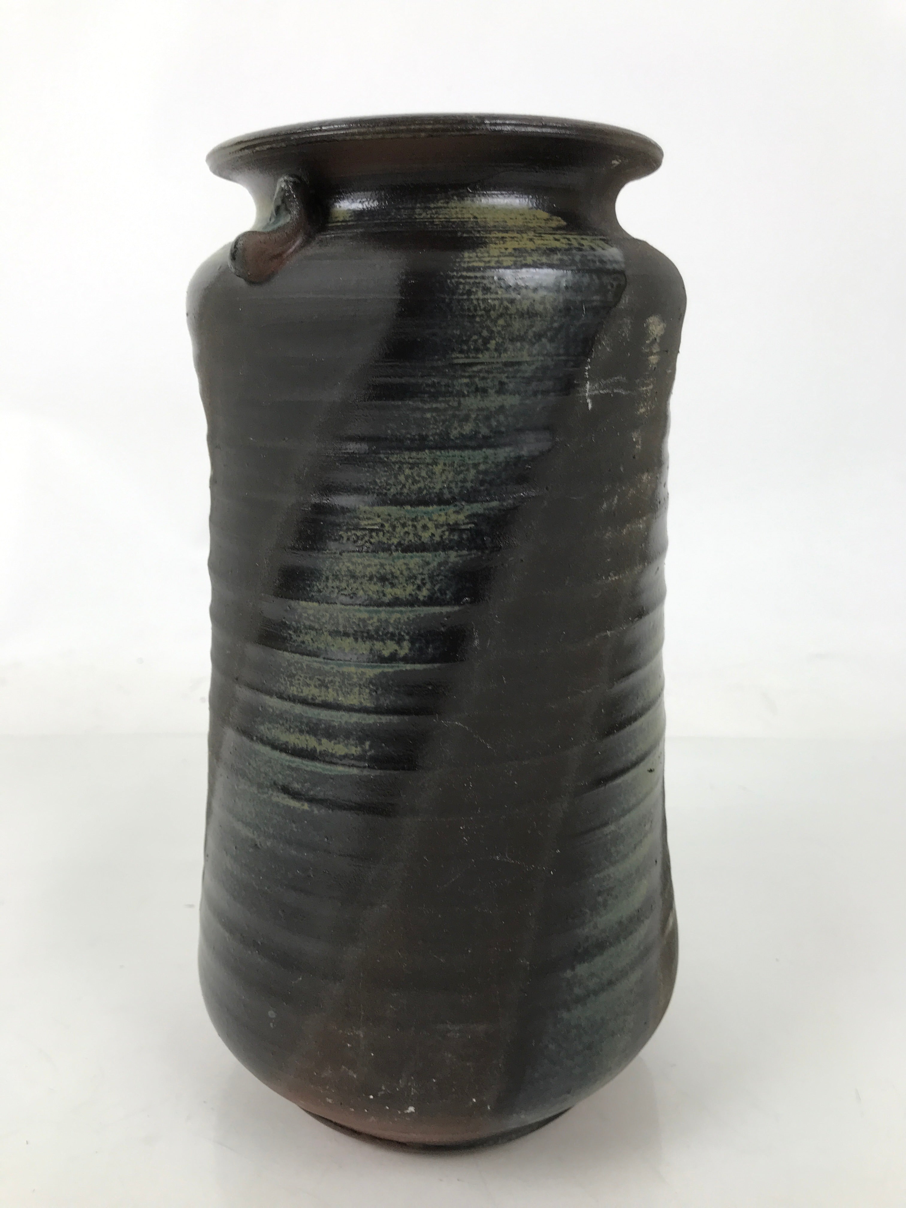 Japanese Ceramic Flower Vase Vtg Ikebana Kabin Cylindrical Brown Black FK192