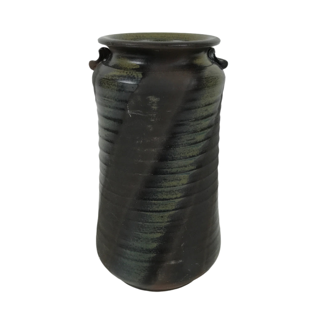 Japanese Ceramic Flower Vase Vtg Ikebana Kabin Cylindrical Brown Black FK192