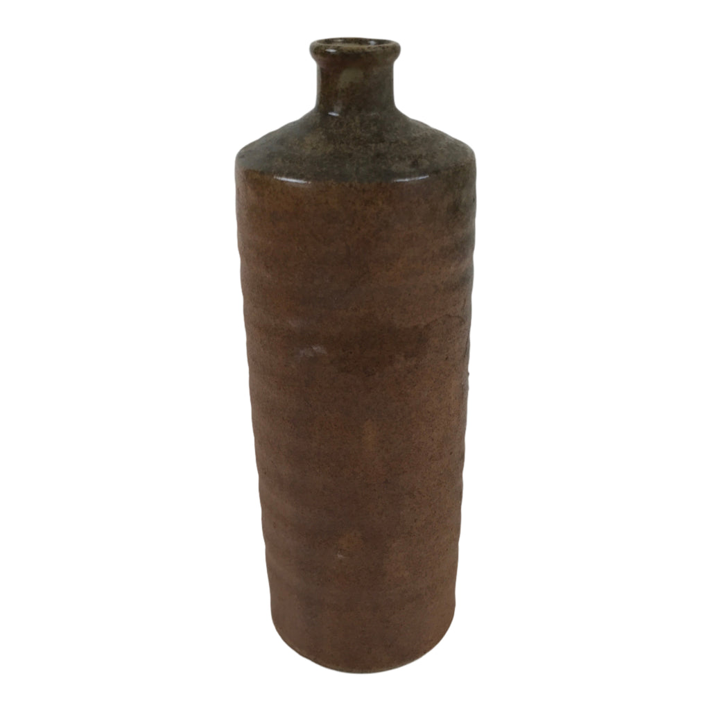 Japanese Ceramic Flower Vase Vtg Ikebana Kabin Cylindrical Brown Pottery FK168