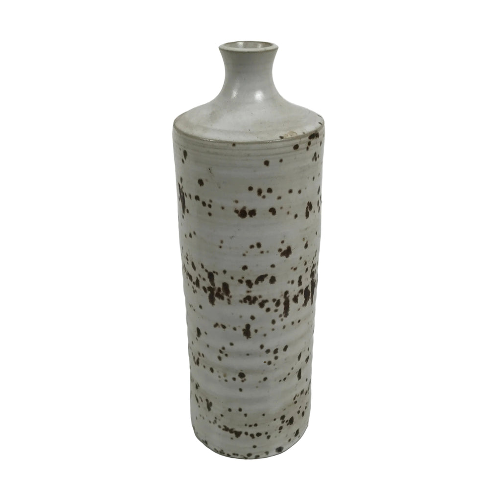 Japanese Ceramic Flower Vase Vtg Ikebana Kabin Cylindrical White Brown FK231
