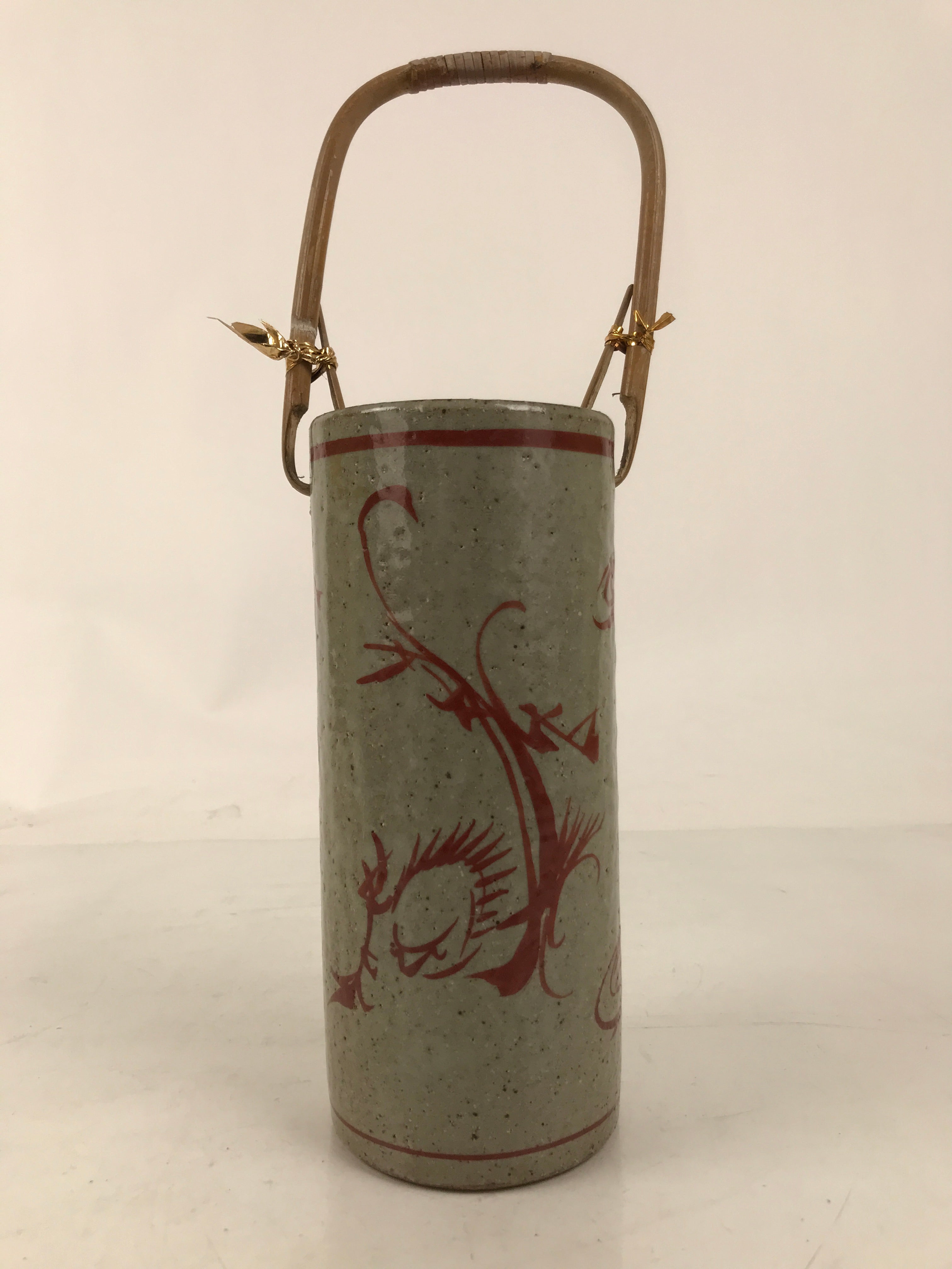 Japanese Ceramic Flower Vase Vtg Ikebana Kabin Gray Akae Bamboo Handle FK188