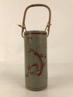 Japanese Ceramic Flower Vase Vtg Ikebana Kabin Gray Akae Bamboo Handle FK188