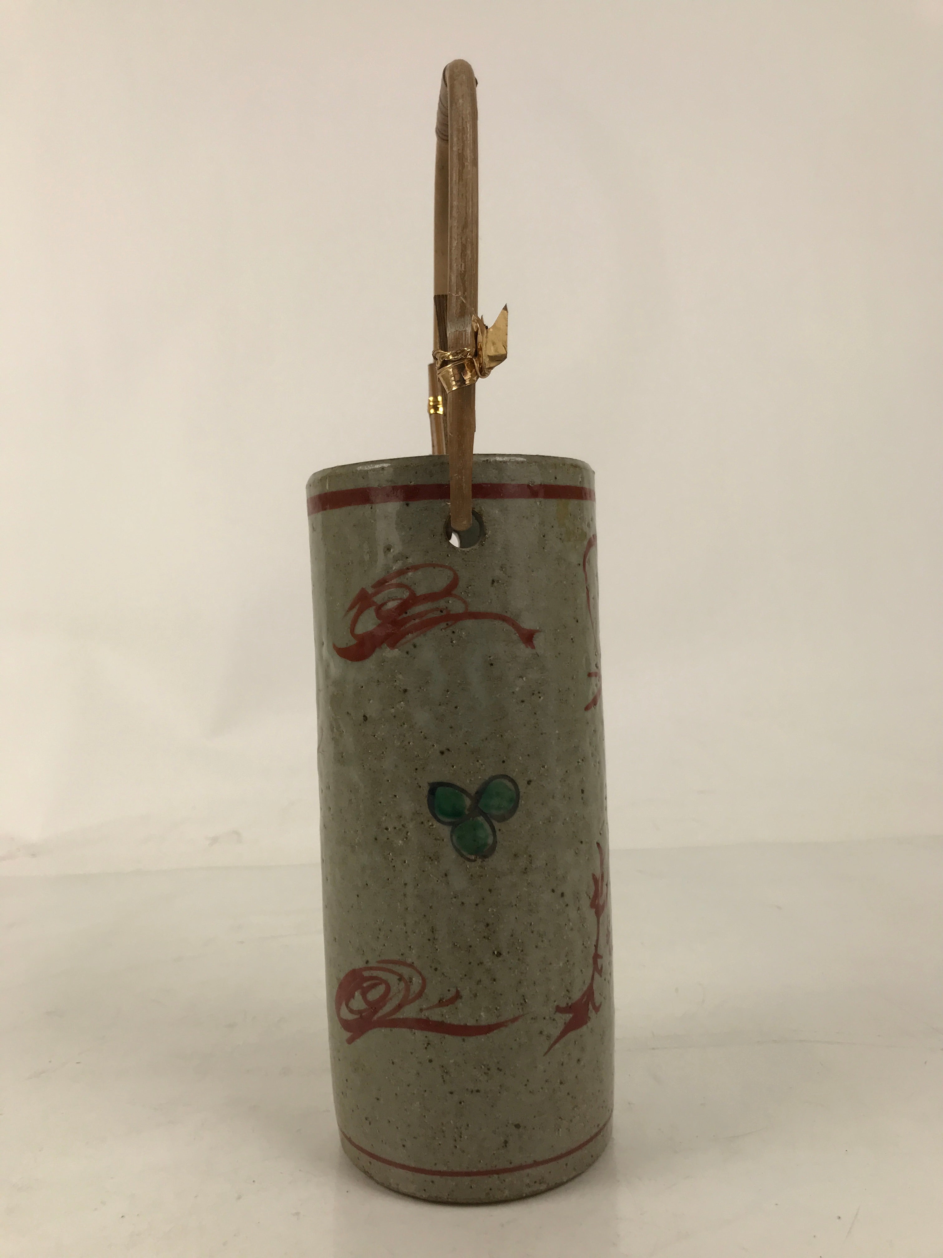 Japanese Ceramic Flower Vase Vtg Ikebana Kabin Gray Akae Bamboo Handle FK188