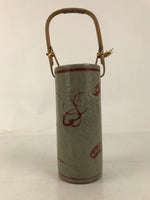 Japanese Ceramic Flower Vase Vtg Ikebana Kabin Gray Akae Bamboo Handle FK188