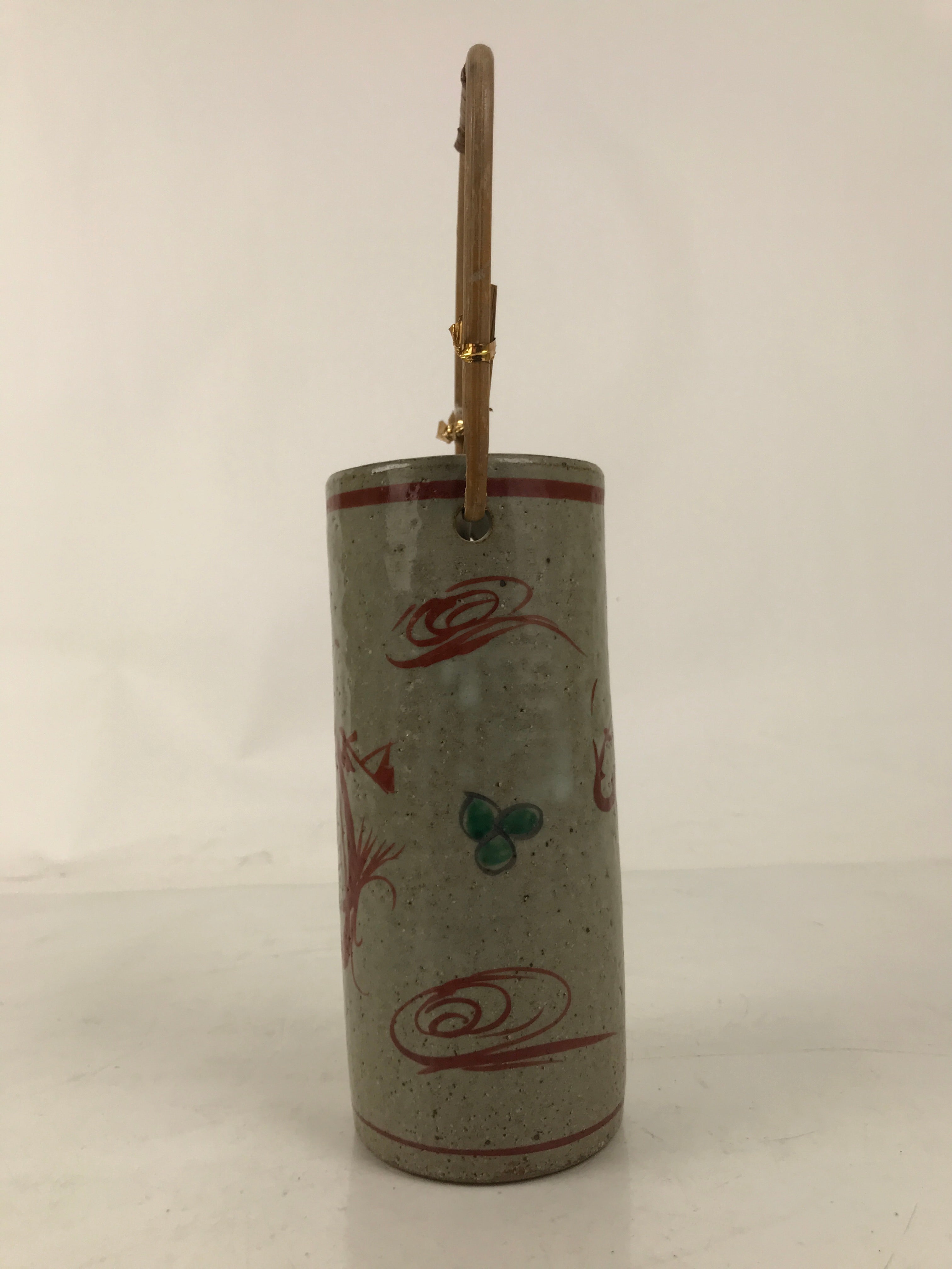 Japanese Ceramic Flower Vase Vtg Ikebana Kabin Gray Akae Bamboo Handle FK188