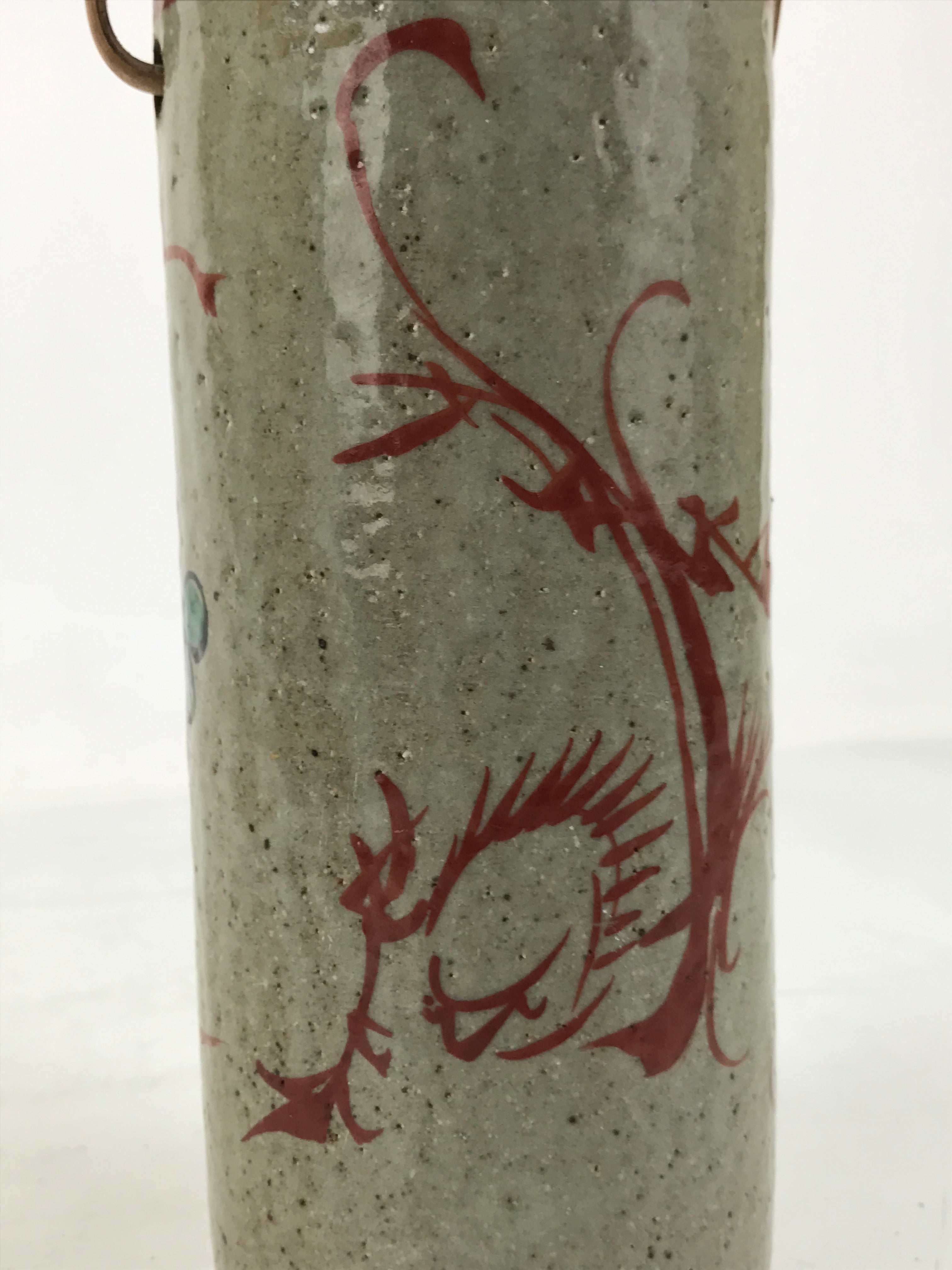 Japanese Ceramic Flower Vase Vtg Ikebana Kabin Gray Akae Bamboo Handle FK188