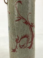 Japanese Ceramic Flower Vase Vtg Ikebana Kabin Gray Akae Bamboo Handle FK188