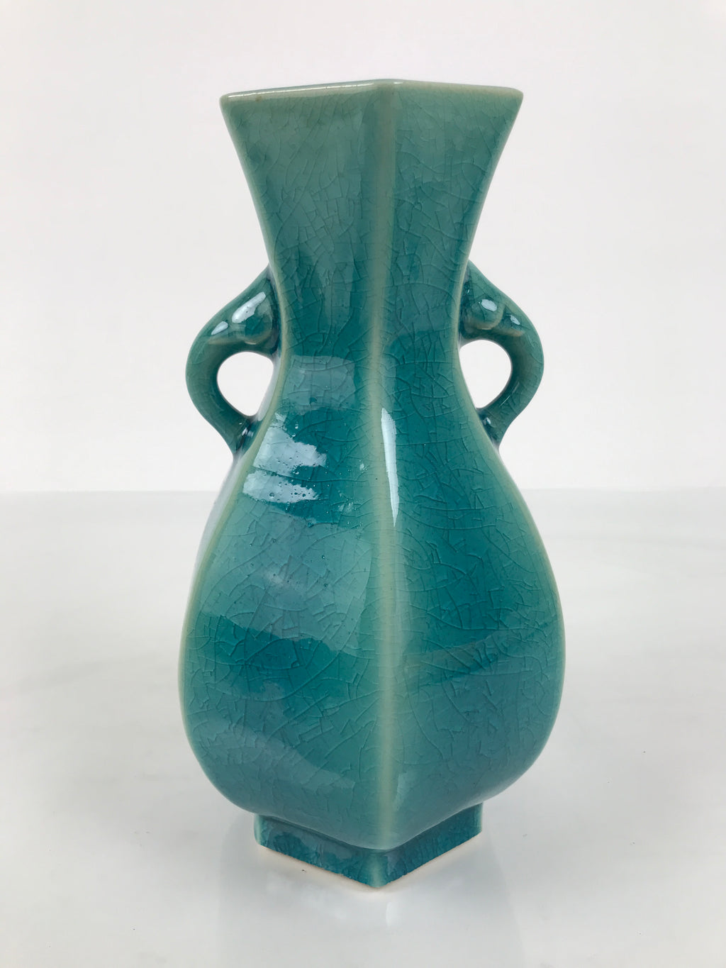 Japanese Ceramic Flower Vase Vtg Ikebana Kabin Green Glass Glaze Baluster FK238