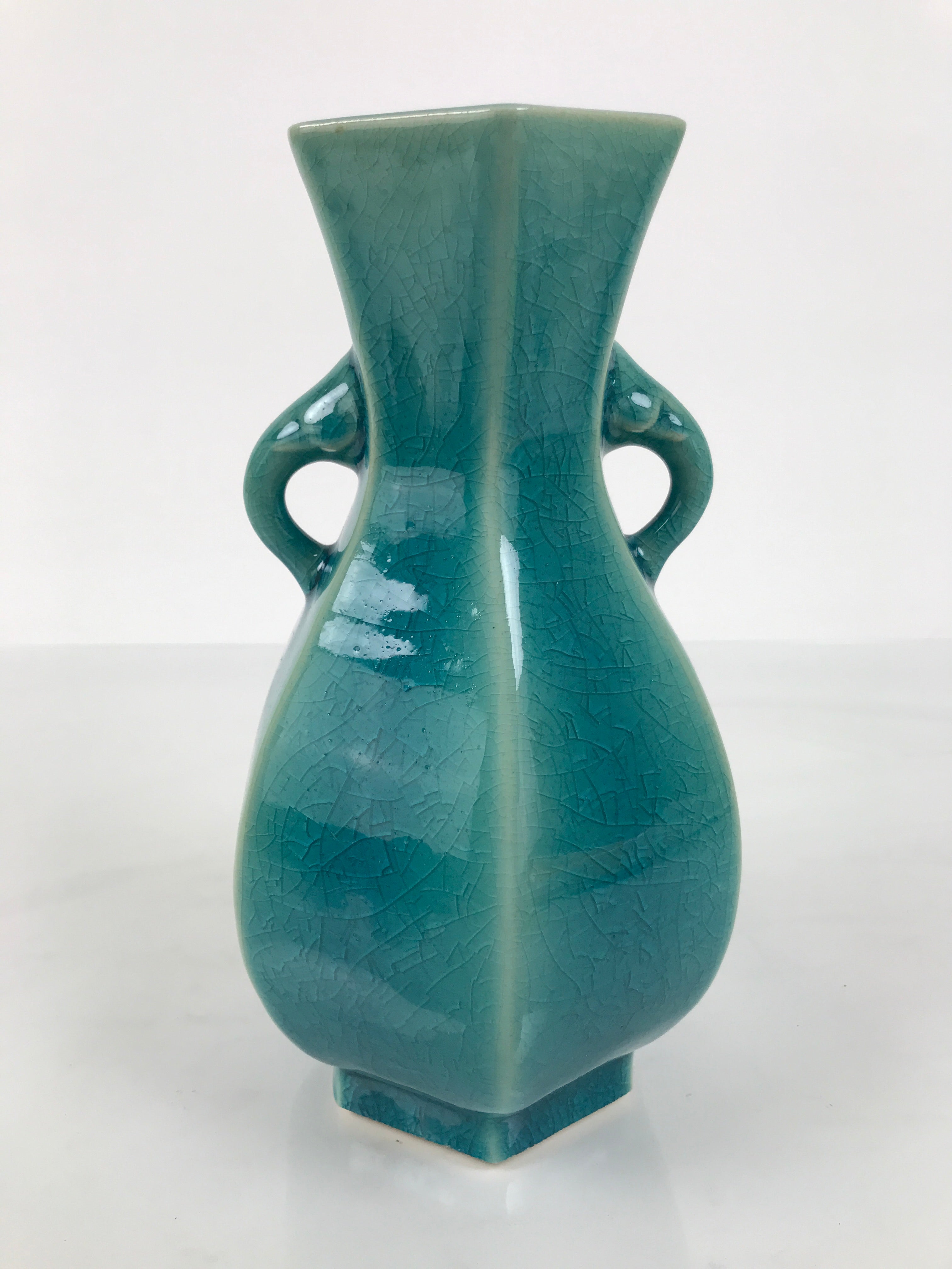Japanese Ceramic Flower Vase Vtg Ikebana Kabin Green Glass Glaze Baluster FK238