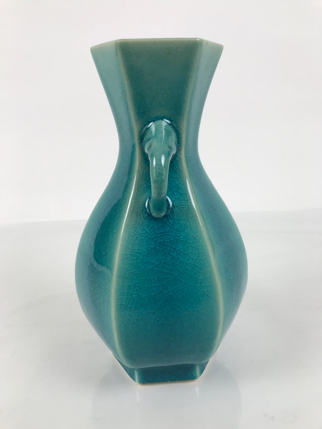 Japanese Ceramic Flower Vase Vtg Ikebana Kabin Green Glass Glaze Baluster FK238