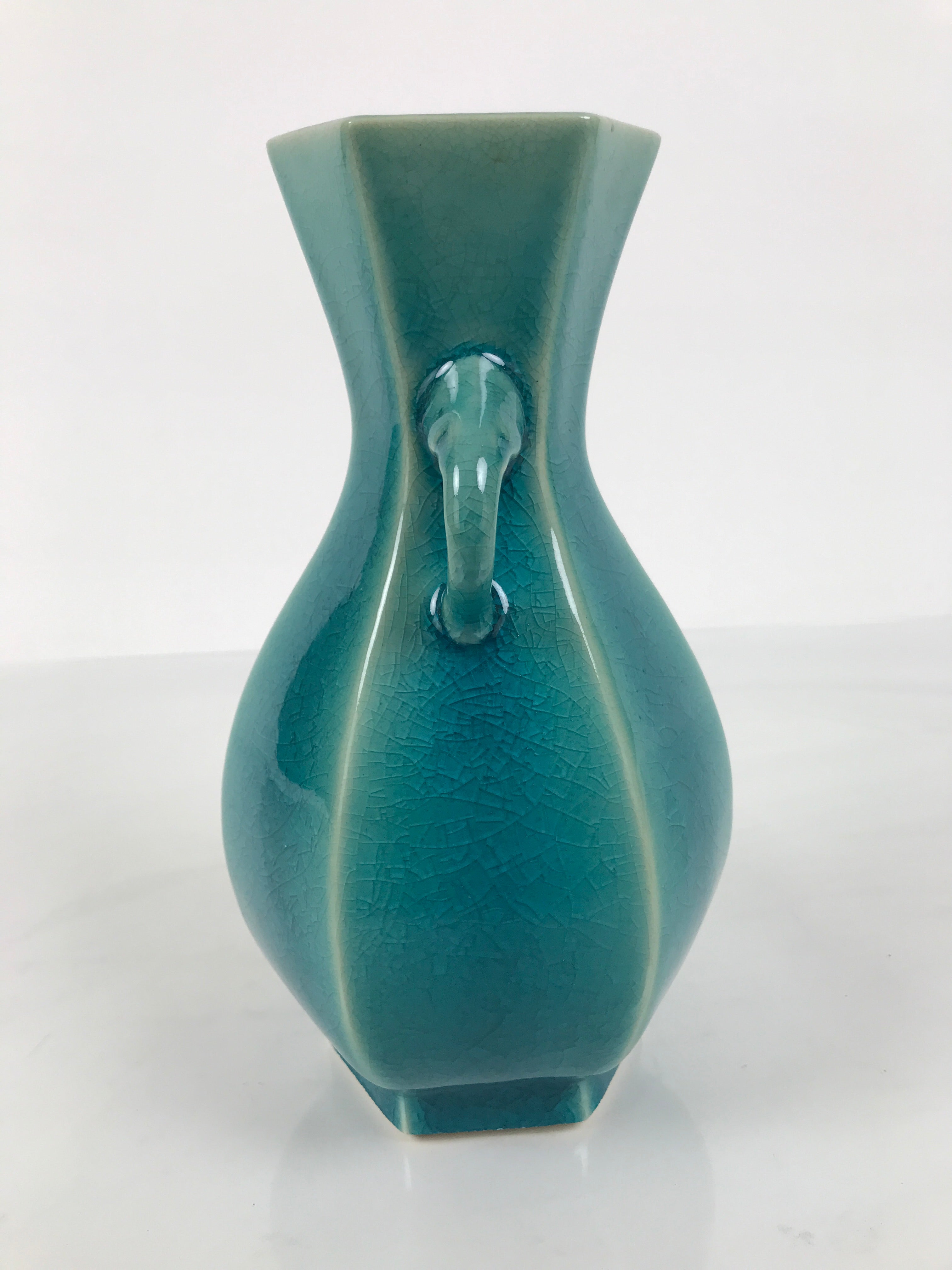 Japanese Ceramic Flower Vase Vtg Ikebana Kabin Green Glass Glaze Baluster FK238