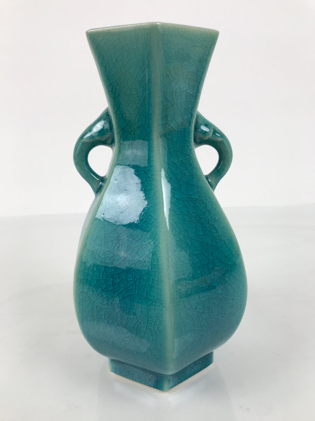 Japanese Ceramic Flower Vase Vtg Ikebana Kabin Green Glass Glaze Baluster FK238