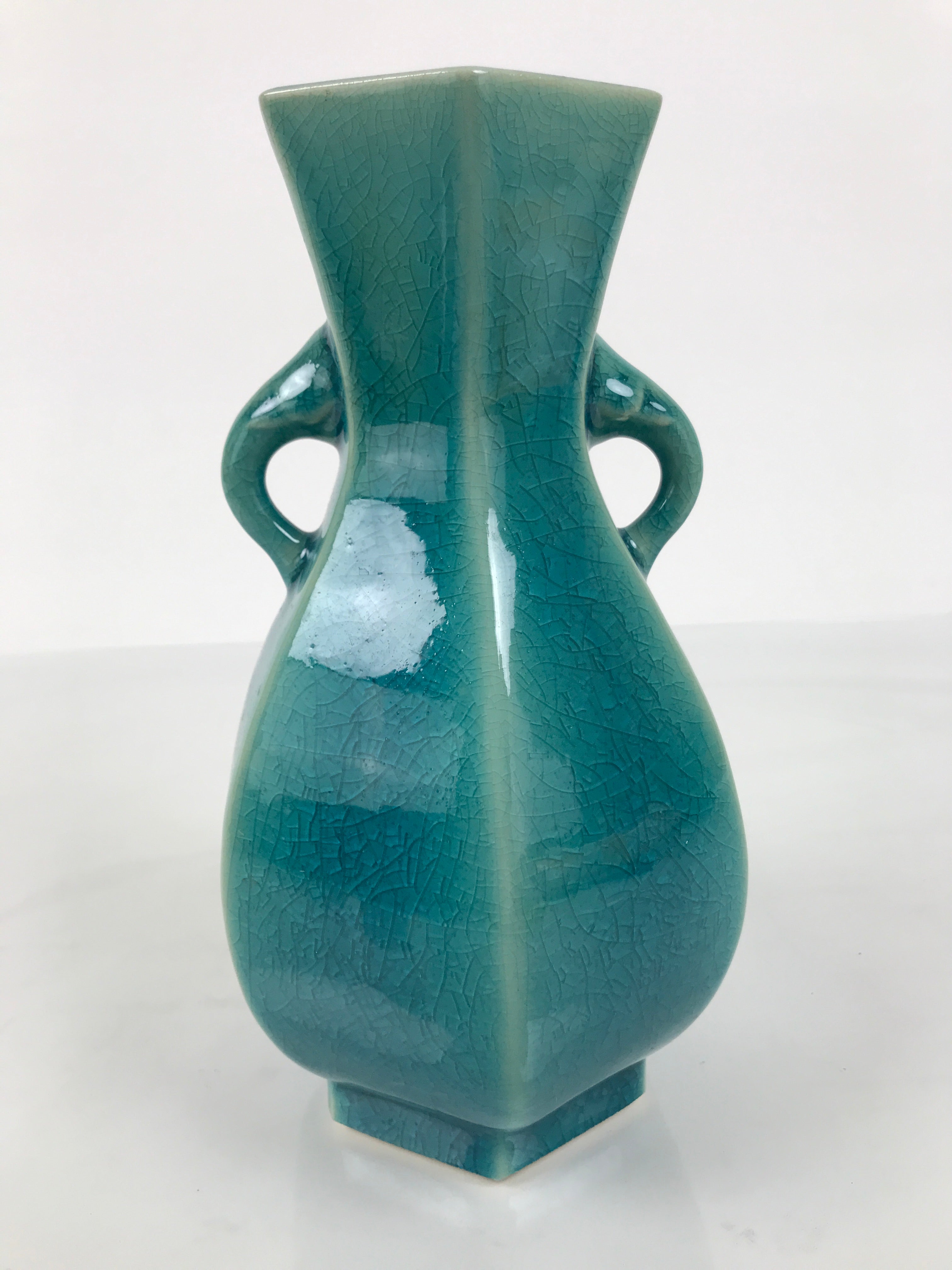 Japanese Ceramic Flower Vase Vtg Ikebana Kabin Green Glass Glaze Baluster FK238
