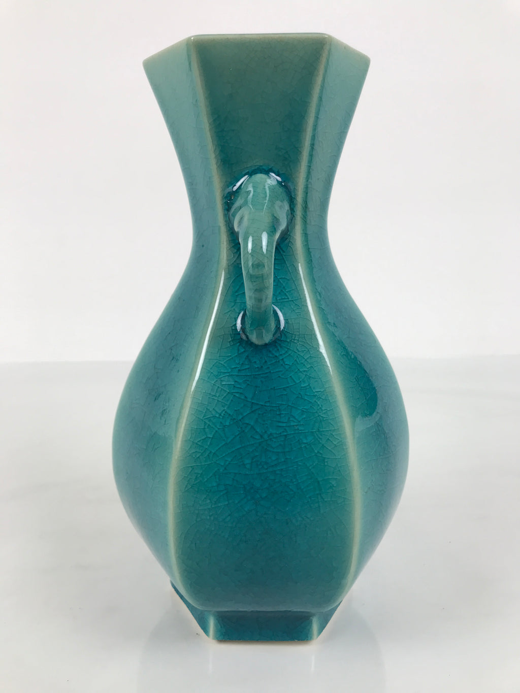 Japanese Ceramic Flower Vase Vtg Ikebana Kabin Green Glass Glaze Baluster FK238