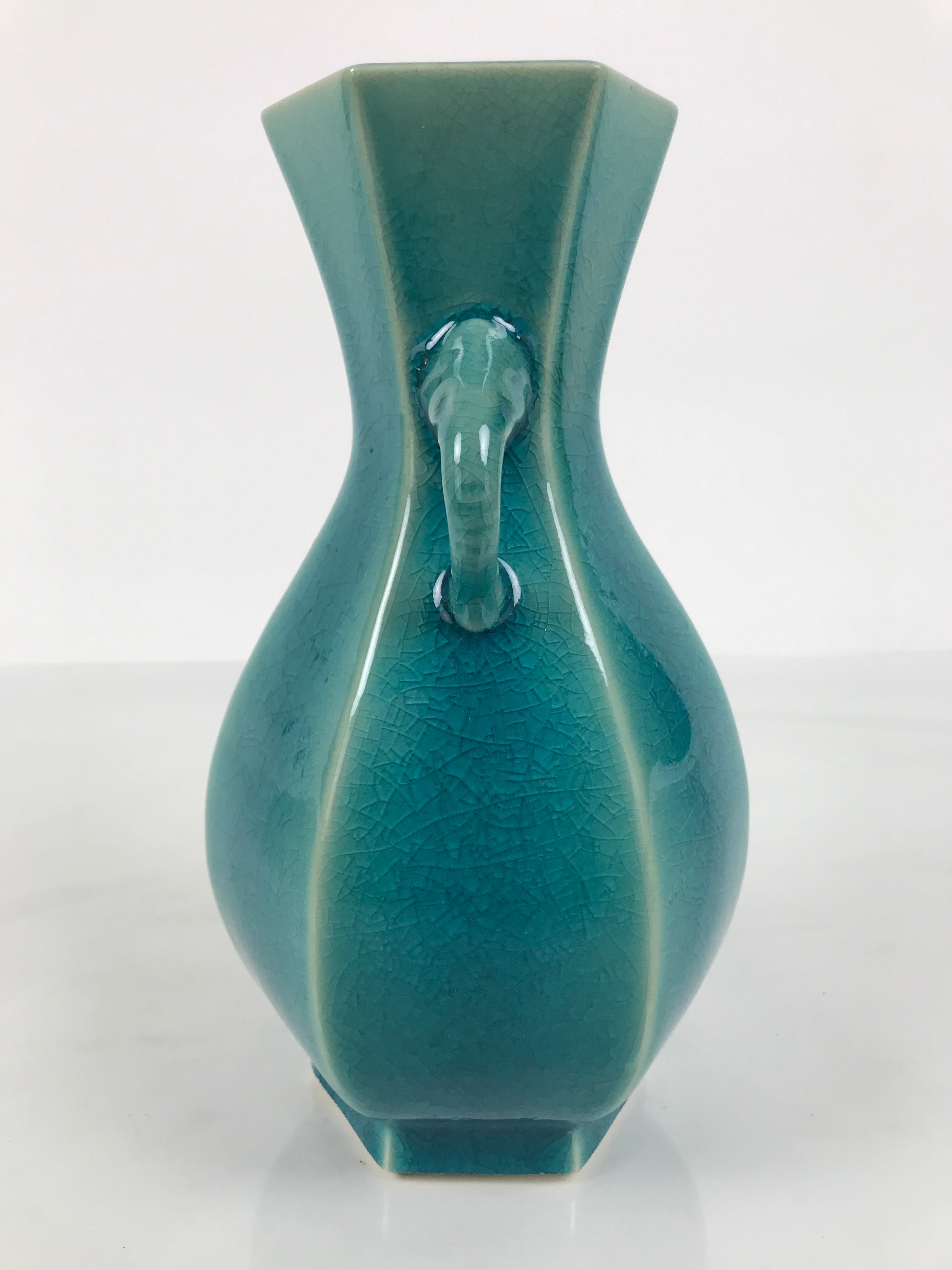 Japanese Ceramic Flower Vase Vtg Ikebana Kabin Green Glass Glaze Baluster FK238