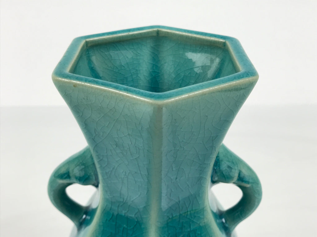 Japanese Ceramic Flower Vase Vtg Ikebana Kabin Green Glass Glaze Baluster FK238