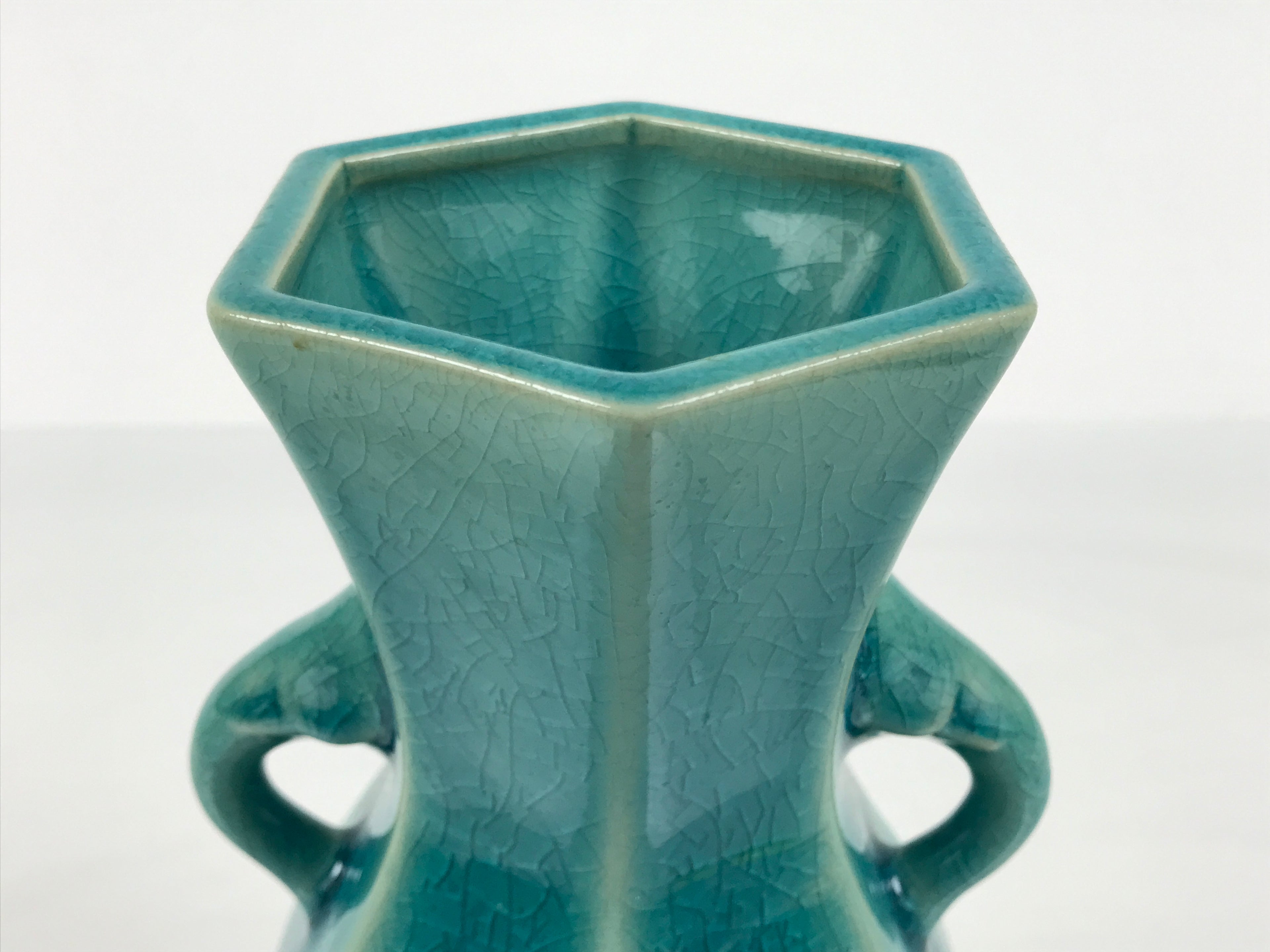 Japanese Ceramic Flower Vase Vtg Ikebana Kabin Green Glass Glaze Baluster FK238