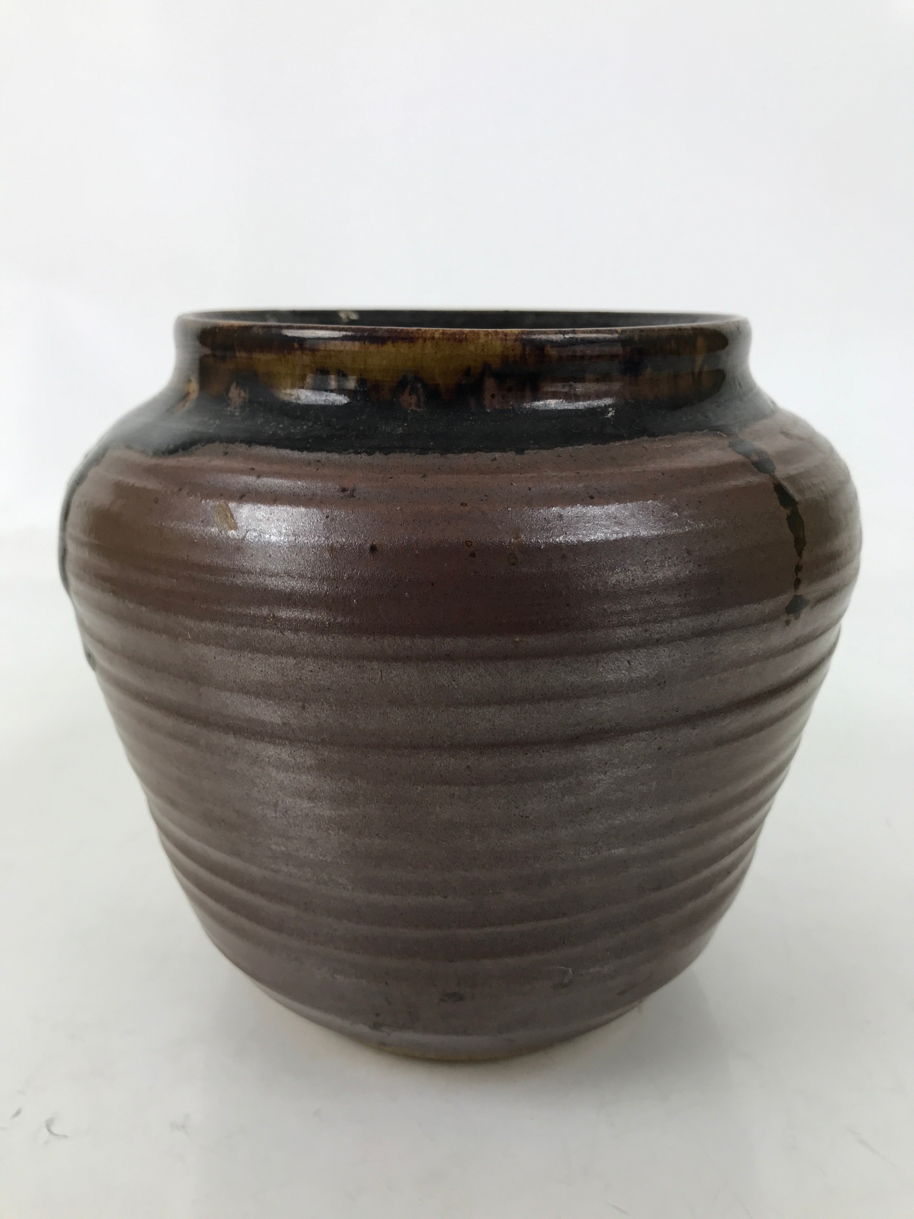 Japanese Ceramic Flower Vase Vtg Ikebana Kabin Round Brown Dripping Black FK196