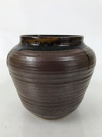 Japanese Ceramic Flower Vase Vtg Ikebana Kabin Round Brown Dripping Black FK196
