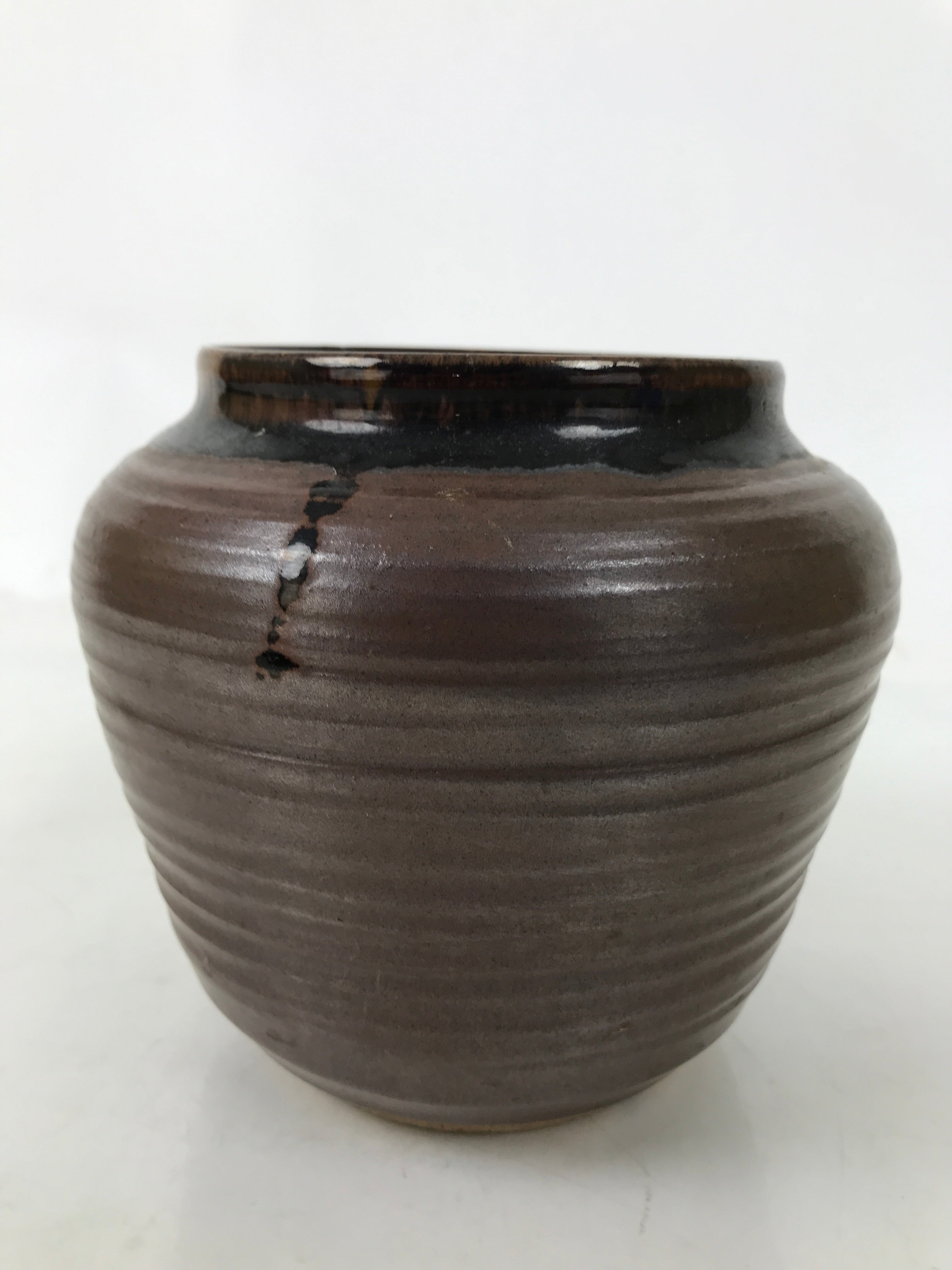 Japanese Ceramic Flower Vase Vtg Ikebana Kabin Round Brown Dripping Black FK196