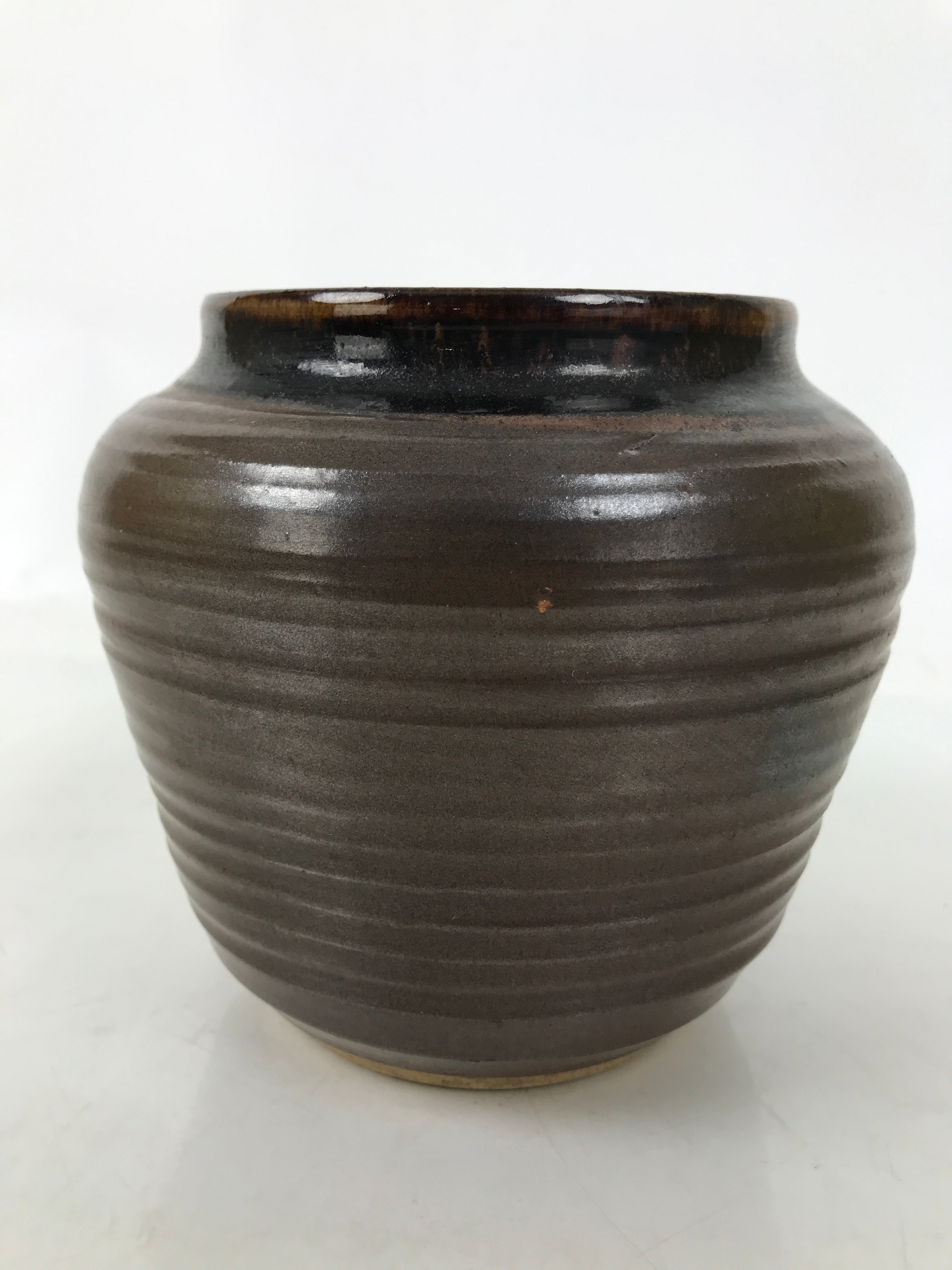 Japanese Ceramic Flower Vase Vtg Ikebana Kabin Round Brown Dripping Black FK196