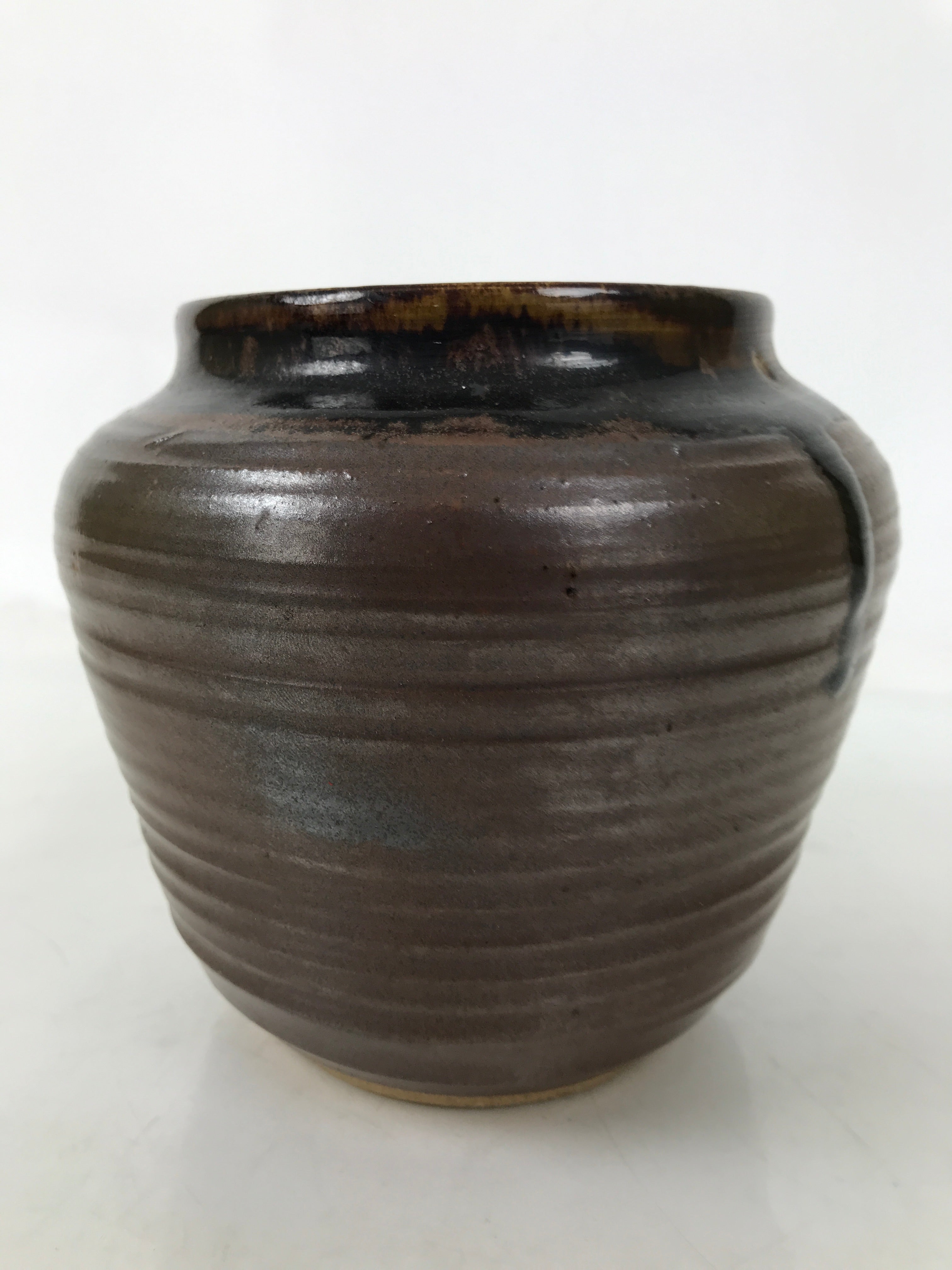 Japanese Ceramic Flower Vase Vtg Ikebana Kabin Round Brown Dripping Black FK196