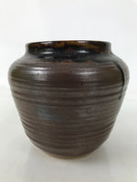 Japanese Ceramic Flower Vase Vtg Ikebana Kabin Round Brown Dripping Black FK196