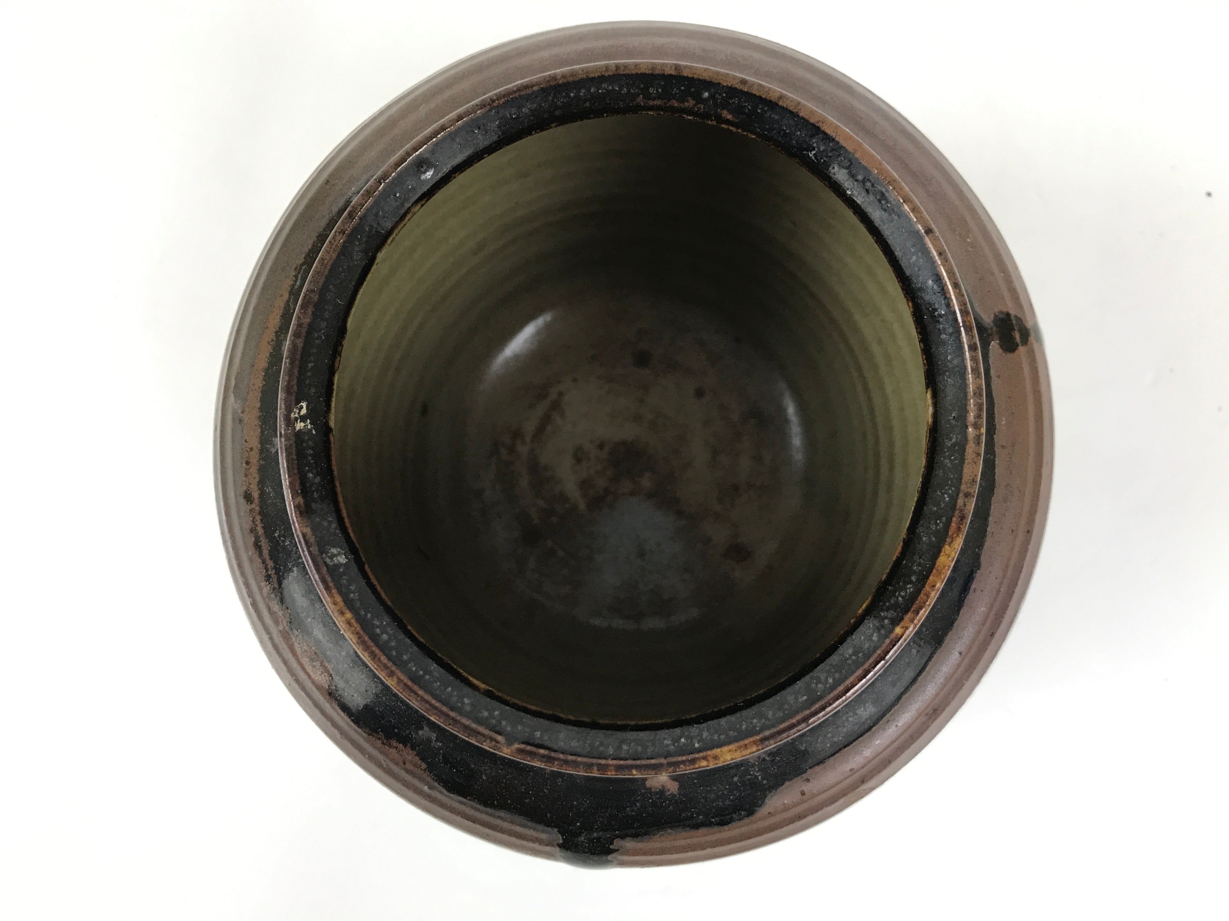 Japanese Ceramic Flower Vase Vtg Ikebana Kabin Round Brown Dripping Black FK196