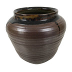Japanese Ceramic Flower Vase Vtg Ikebana Kabin Round Brown Dripping Black FK196
