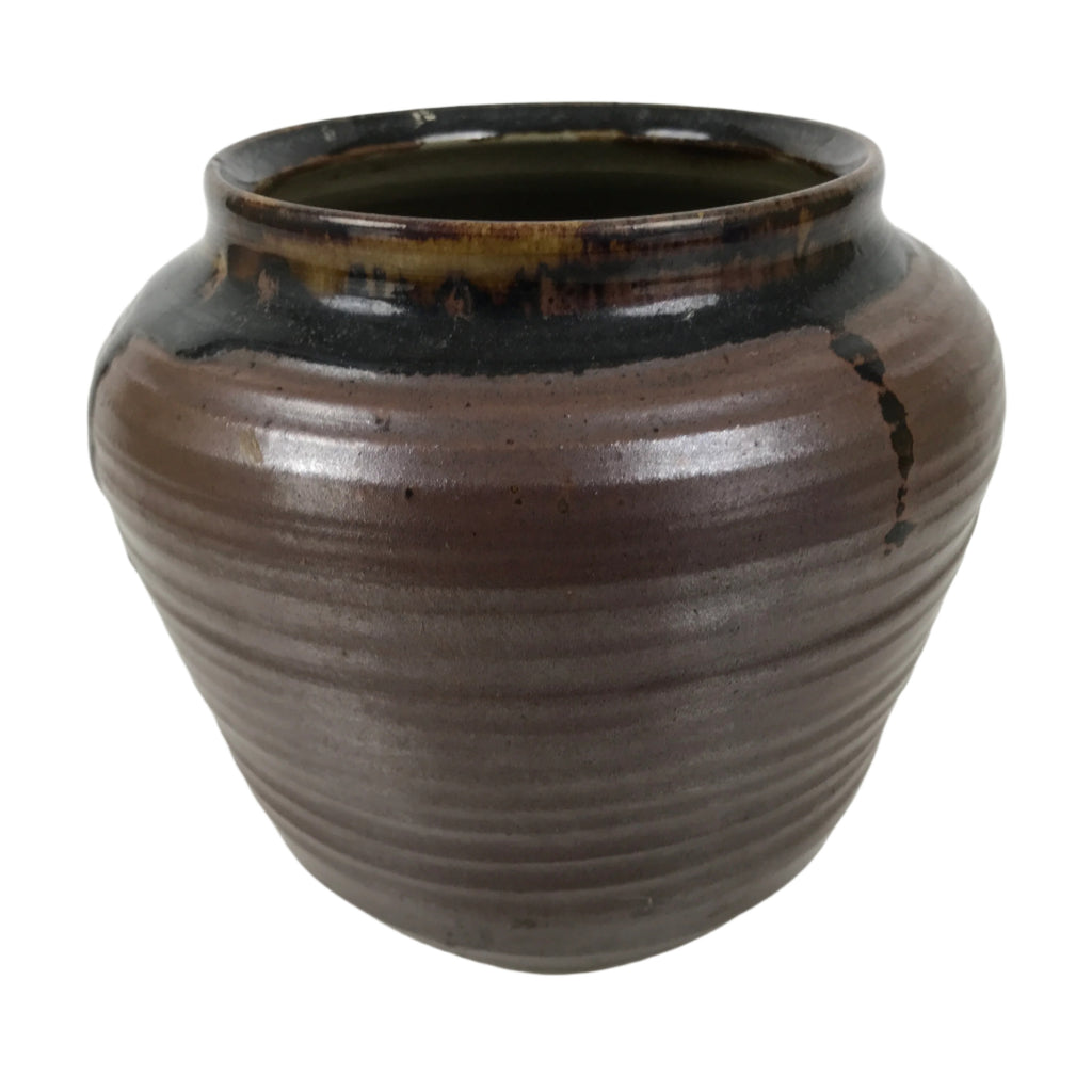 Japanese Ceramic Flower Vase Vtg Ikebana Kabin Round Brown Dripping Black FK196