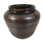 Japanese Ceramic Flower Vase Vtg Ikebana Kabin Round Brown Dripping Black FK196