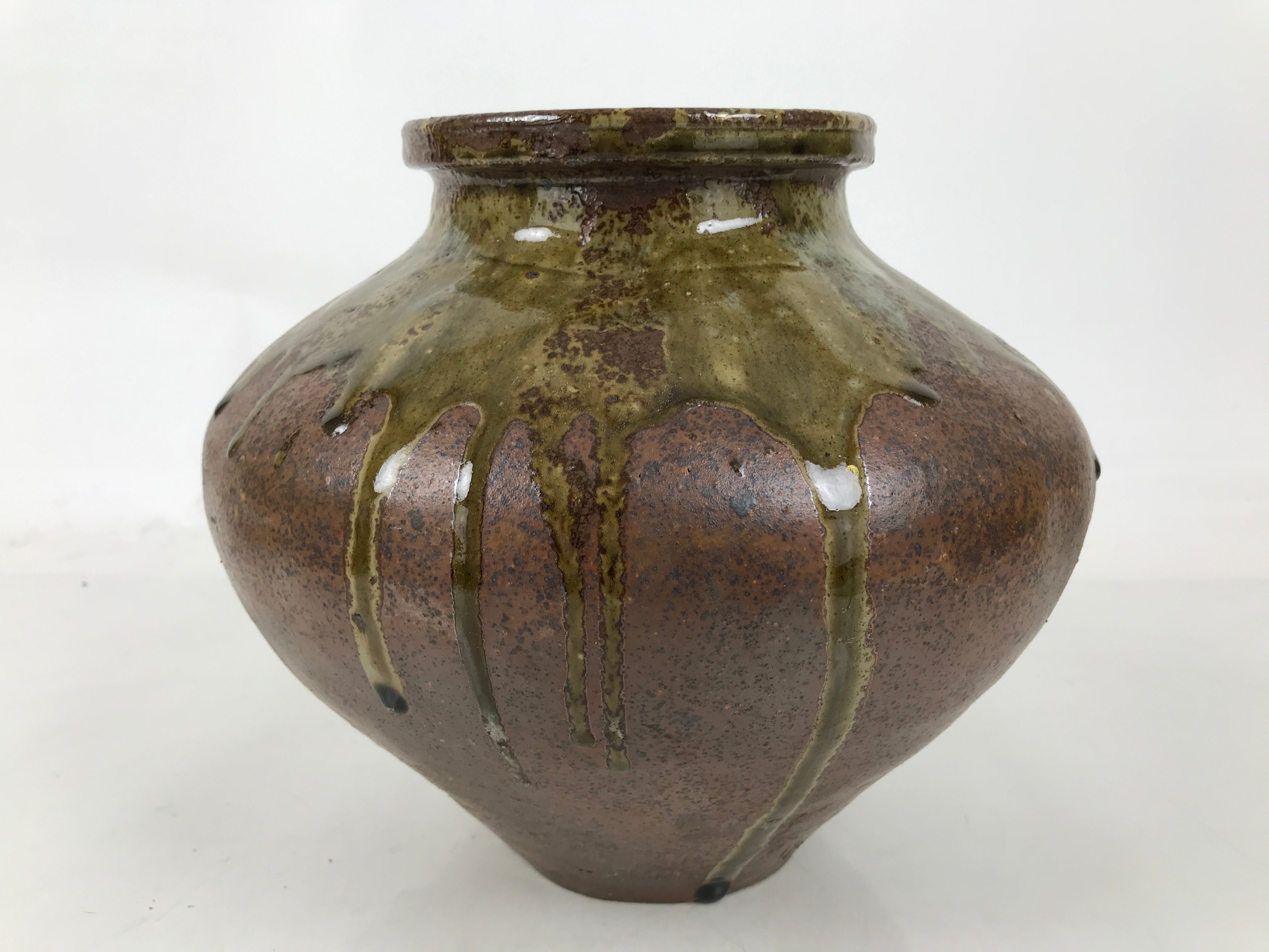 Japanese Ceramic Flower Vase Vtg Ikebana Kabin Round Dripping Brown Green FK194