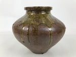 Japanese Ceramic Flower Vase Vtg Ikebana Kabin Round Dripping Brown Green FK194