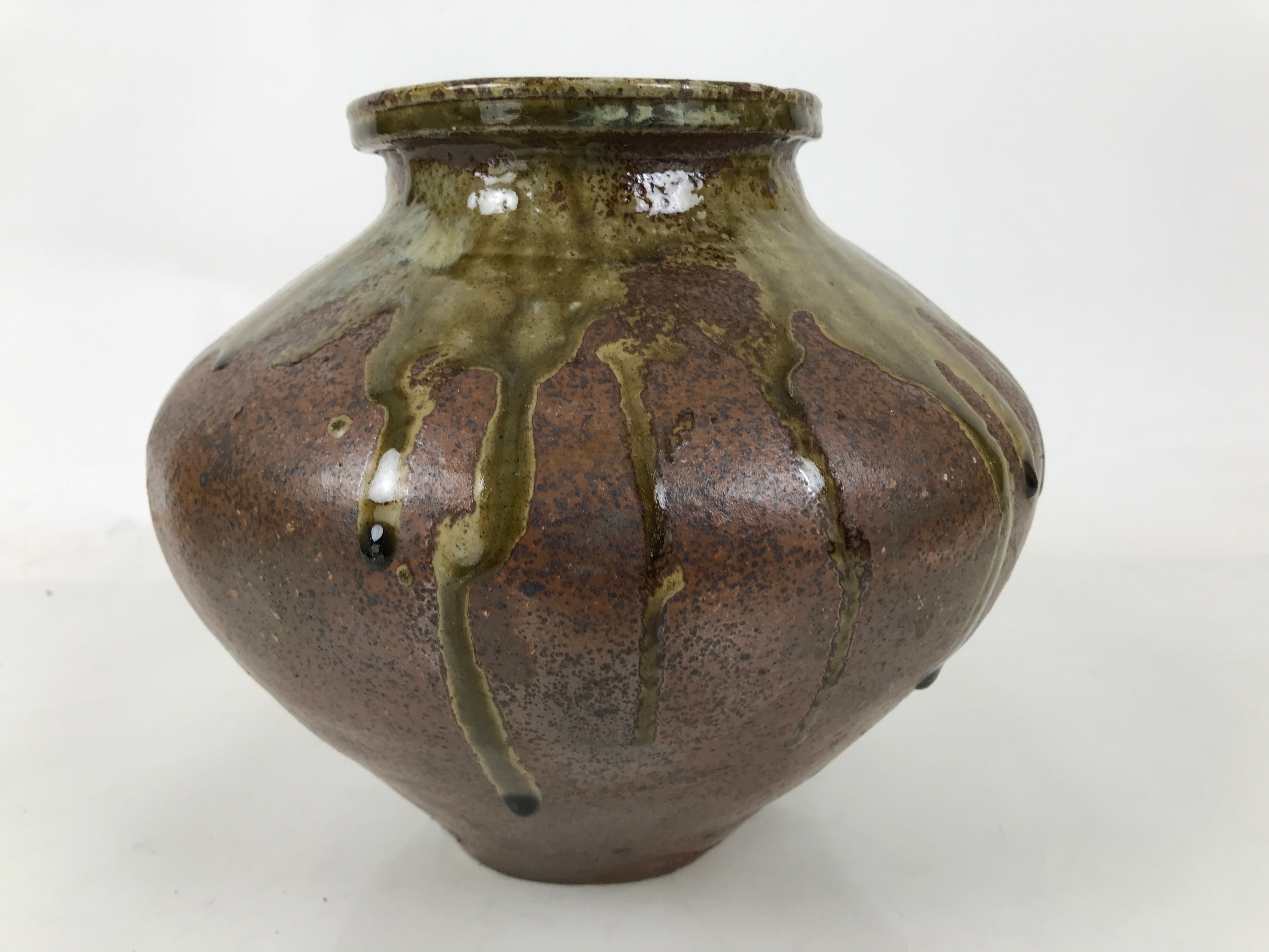 Japanese Ceramic Flower Vase Vtg Ikebana Kabin Round Dripping Brown Green FK194