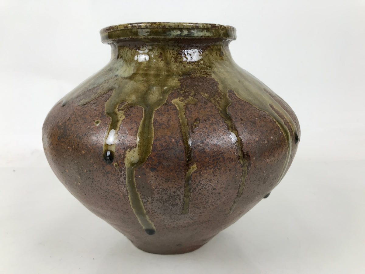 Japanese Ceramic Flower Vase Vtg Ikebana Kabin Round Dripping Brown Green FK194