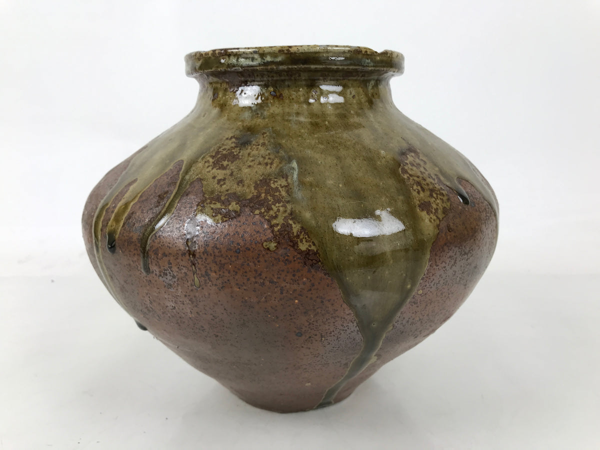 Japanese Ceramic Flower Vase Vtg Ikebana Kabin Round Dripping Brown Green FK194