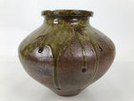 Japanese Ceramic Flower Vase Vtg Ikebana Kabin Round Dripping Brown Green FK194
