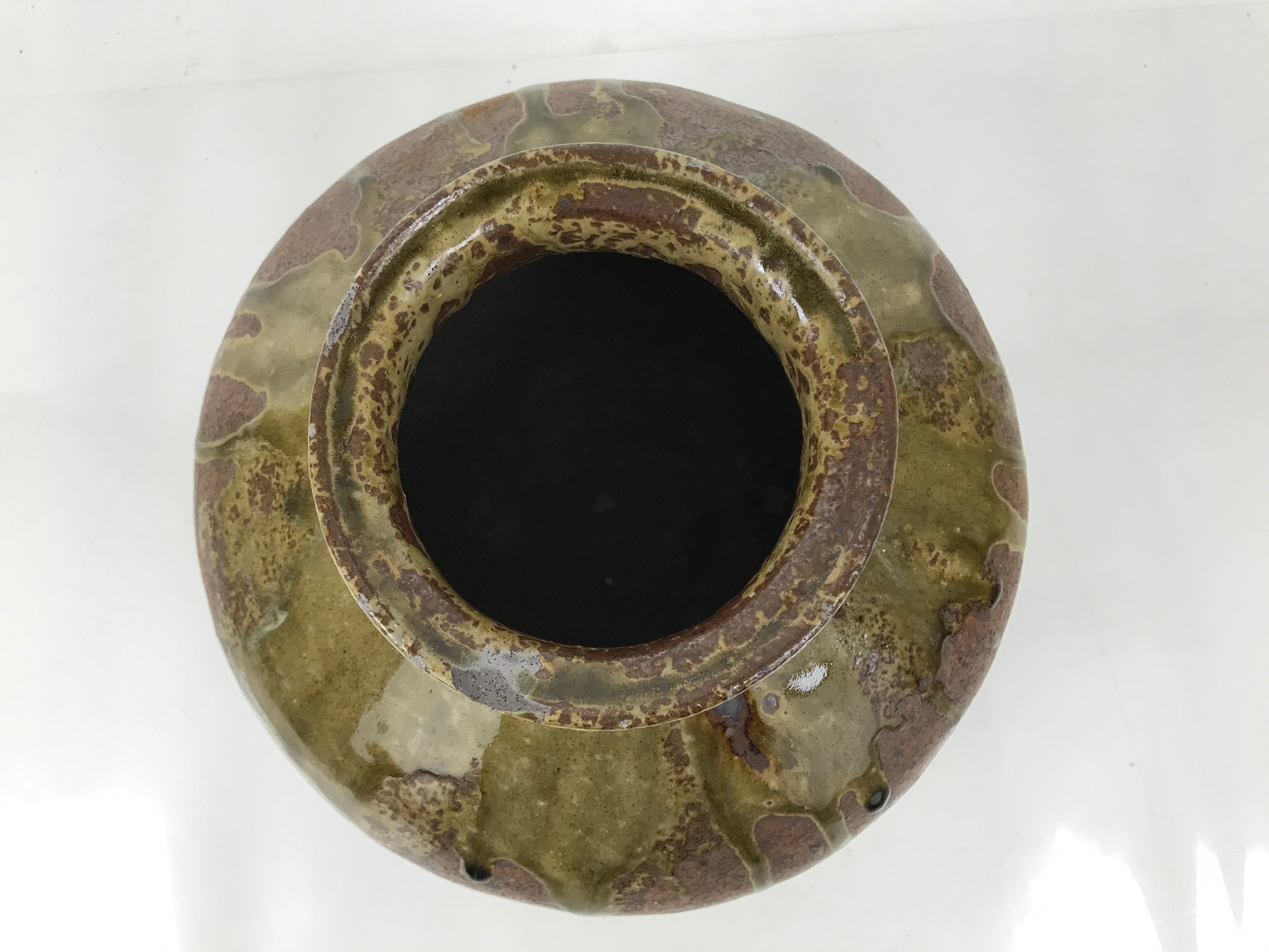 Japanese Ceramic Flower Vase Vtg Ikebana Kabin Round Dripping Brown Green FK194