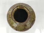 Japanese Ceramic Flower Vase Vtg Ikebana Kabin Round Dripping Brown Green FK194