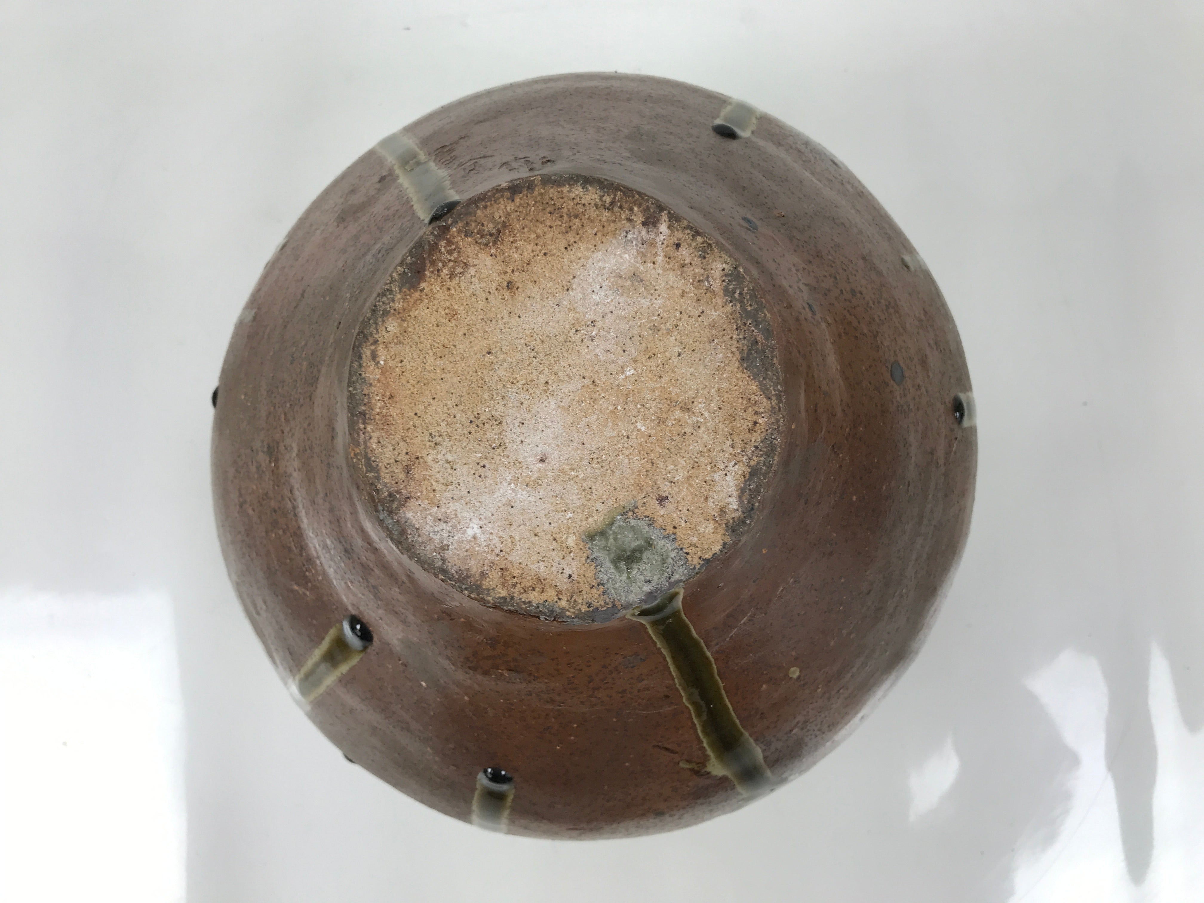 Japanese Ceramic Flower Vase Vtg Ikebana Kabin Round Dripping Brown Green FK194