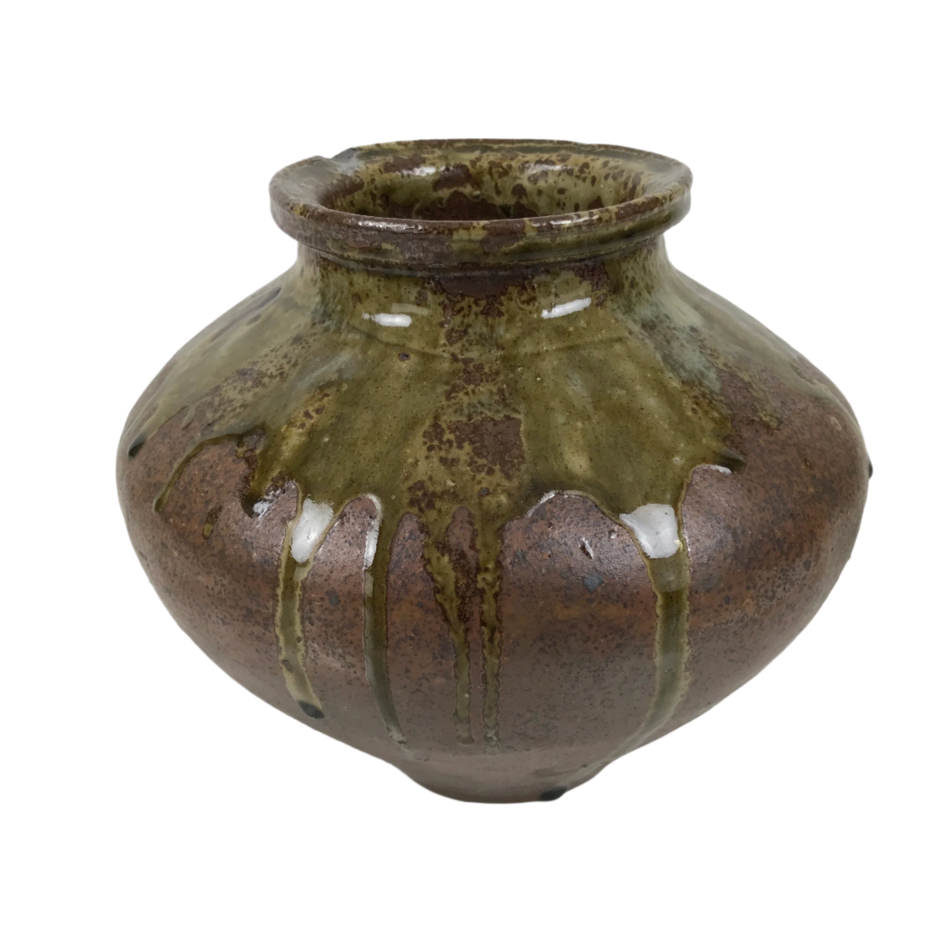 Japanese Ceramic Flower Vase Vtg Ikebana Kabin Round Dripping Brown Green FK194