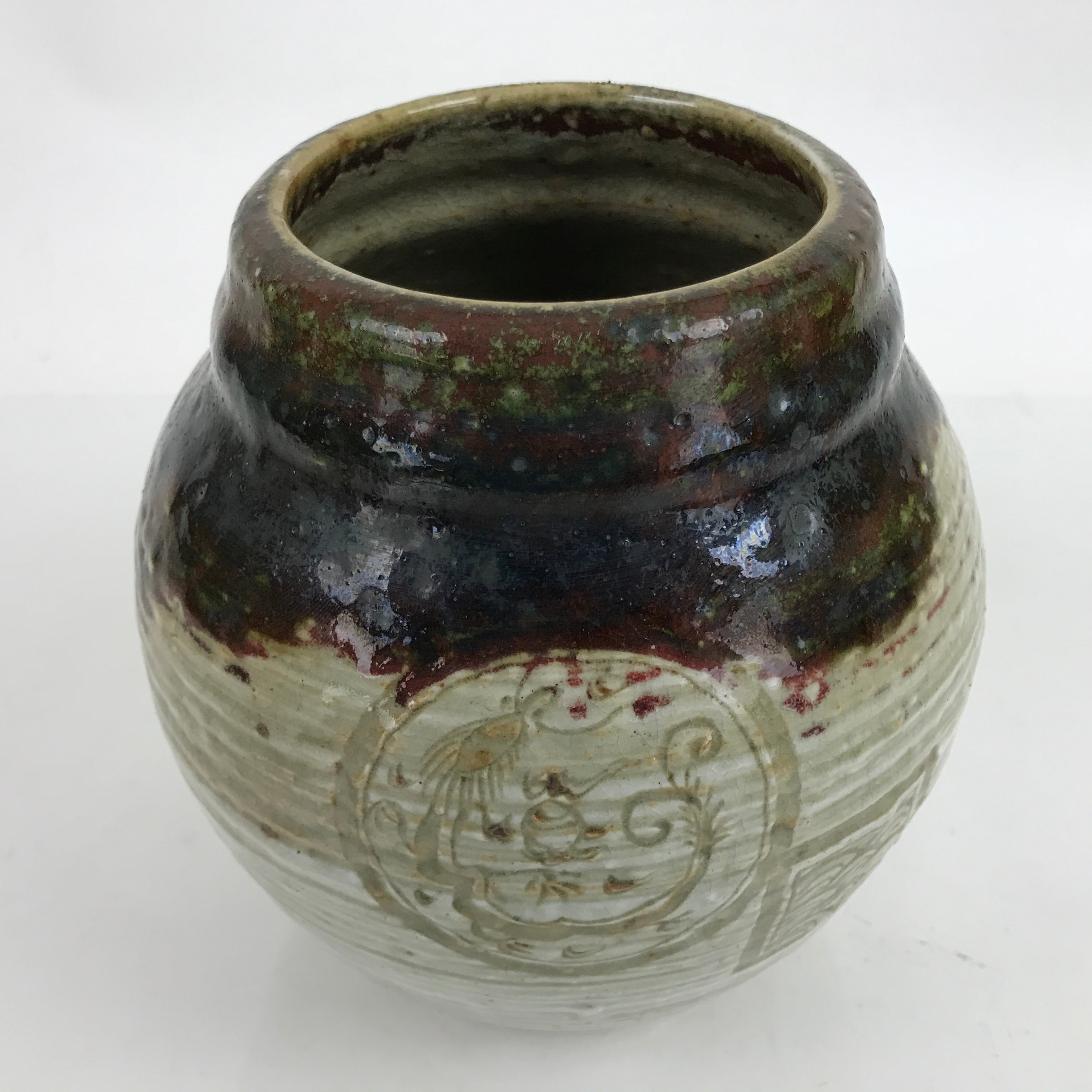 Japanese Ceramic Flower Vase Vtg Ikebana Kabin Seigaiha Dragon Brown Gray FK135