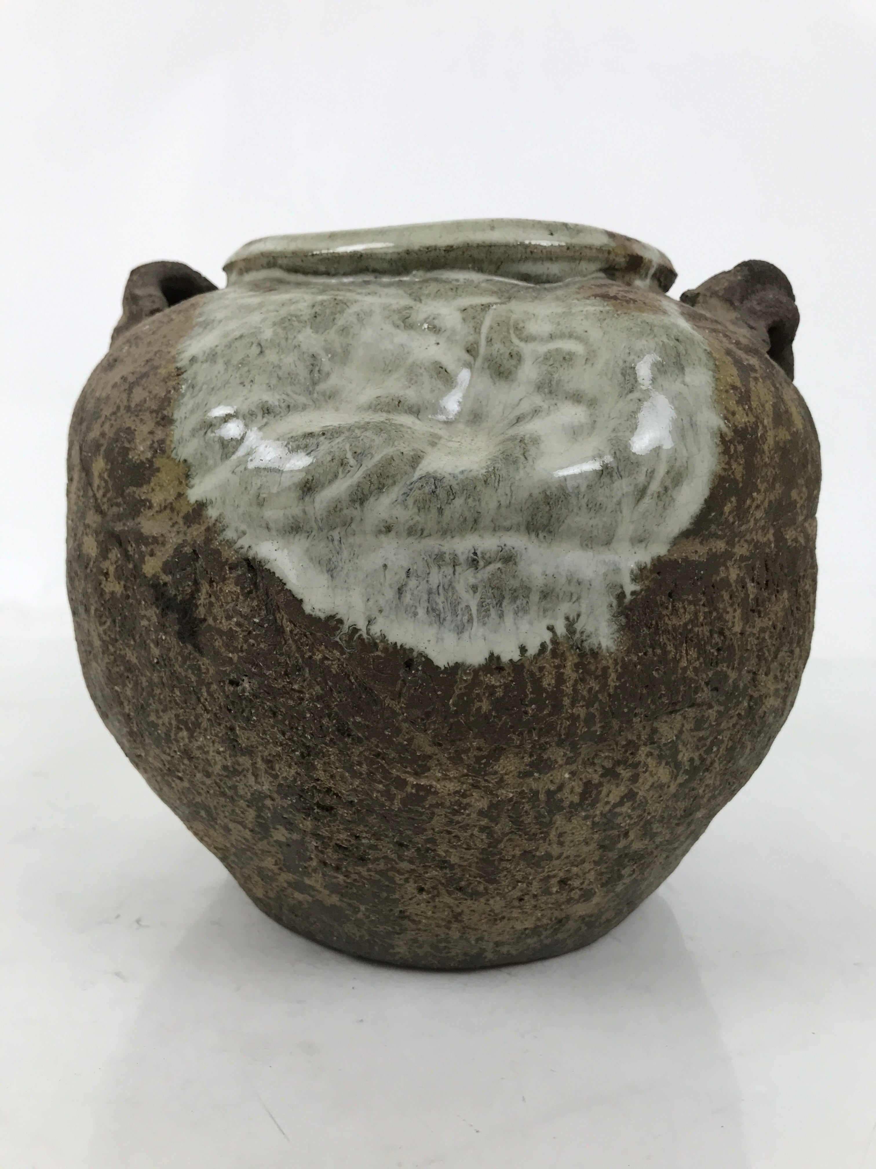 Japanese Ceramic Flower Vase Vtg Ikebana Kabin Tsubo Round Brown White FK191