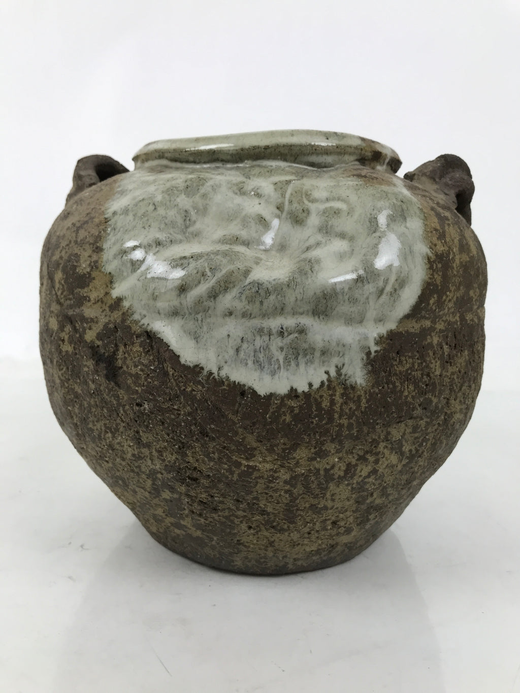 Japanese Ceramic Flower Vase Vtg Ikebana Kabin Tsubo Round Brown White FK191